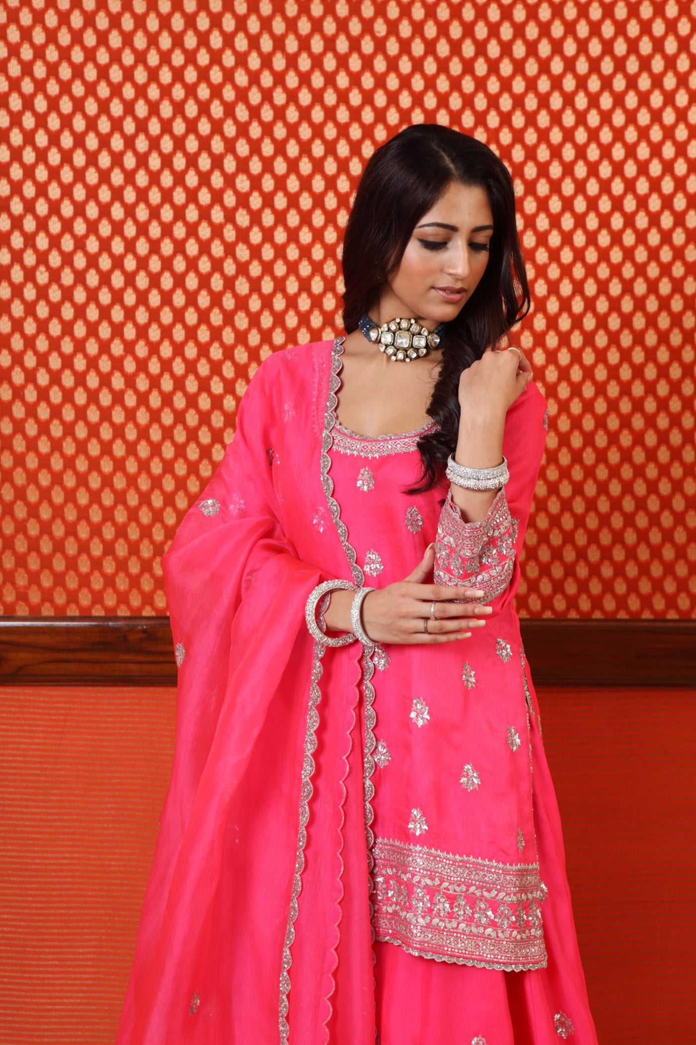 Hand Embroidered Neon Pink Pure Silk Organza Short Kurta Sharara Set