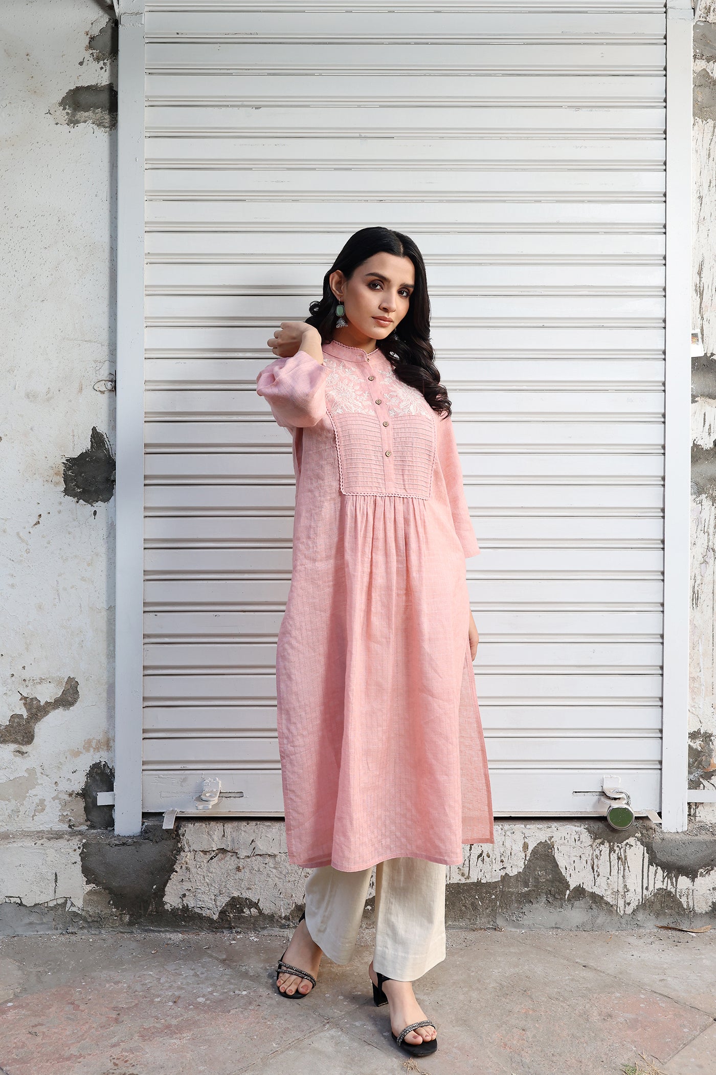 Dusty-Pink Peach Pure Linen (With Metallic Checks & Stripes) Band-Collared With A Pintucked & Embroidered Yoke Kurta-Pants Set