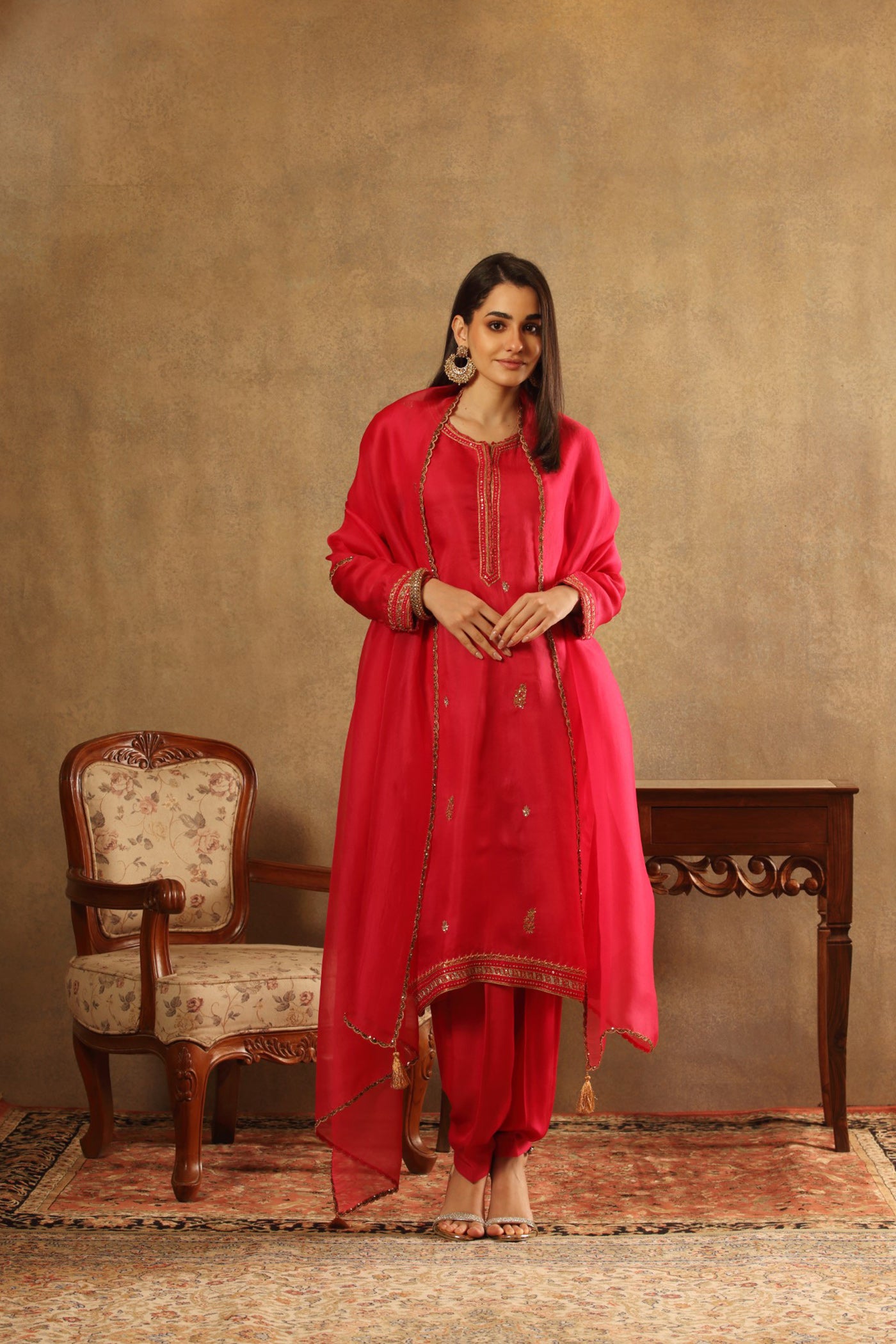 Hand Embroidered Fuchsia Pink Pure Silk Organza Kurta Salwar Set