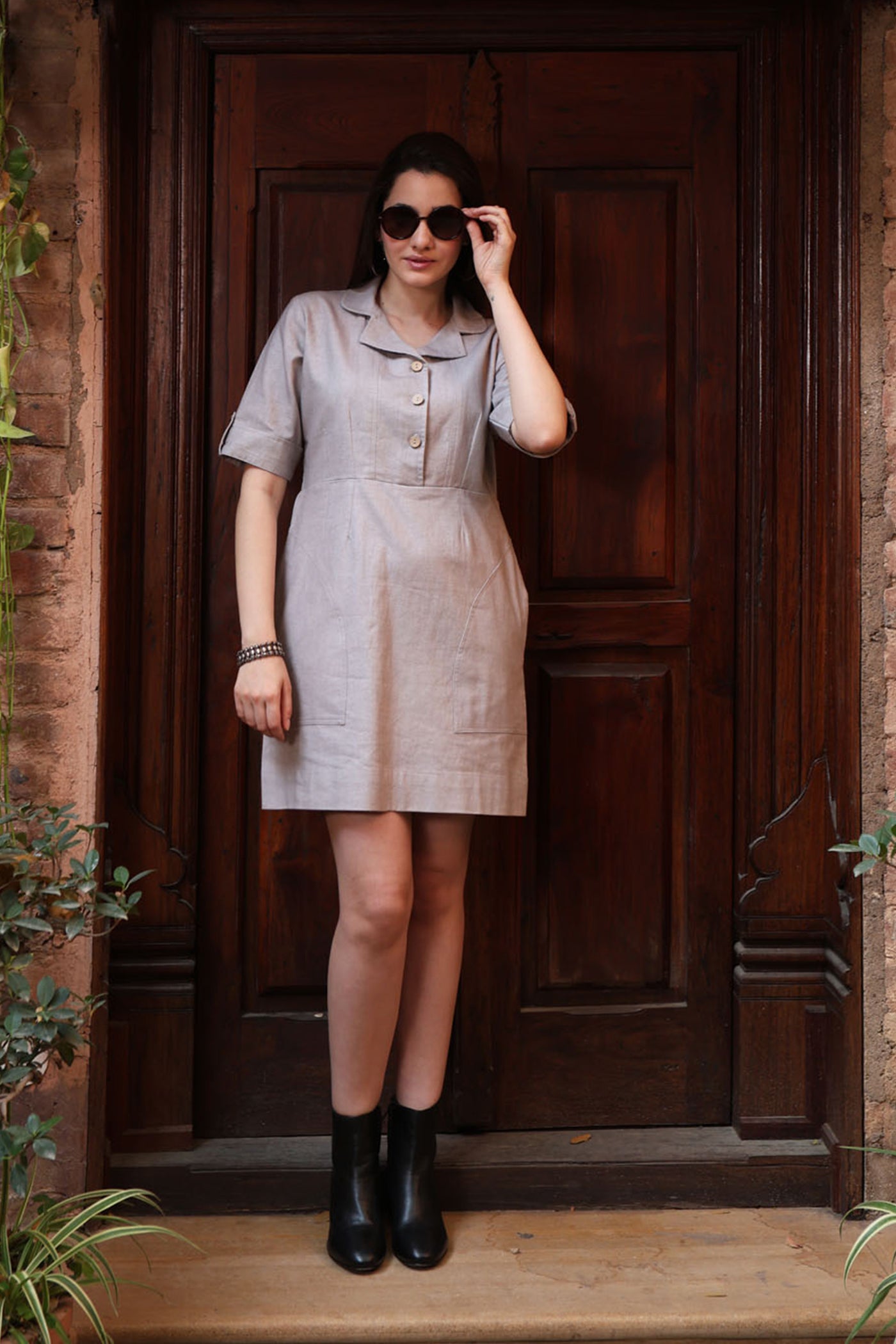 Grey Pure Linen-Cotton Collared Short Dress With Coconut Buttons & Front Pockets