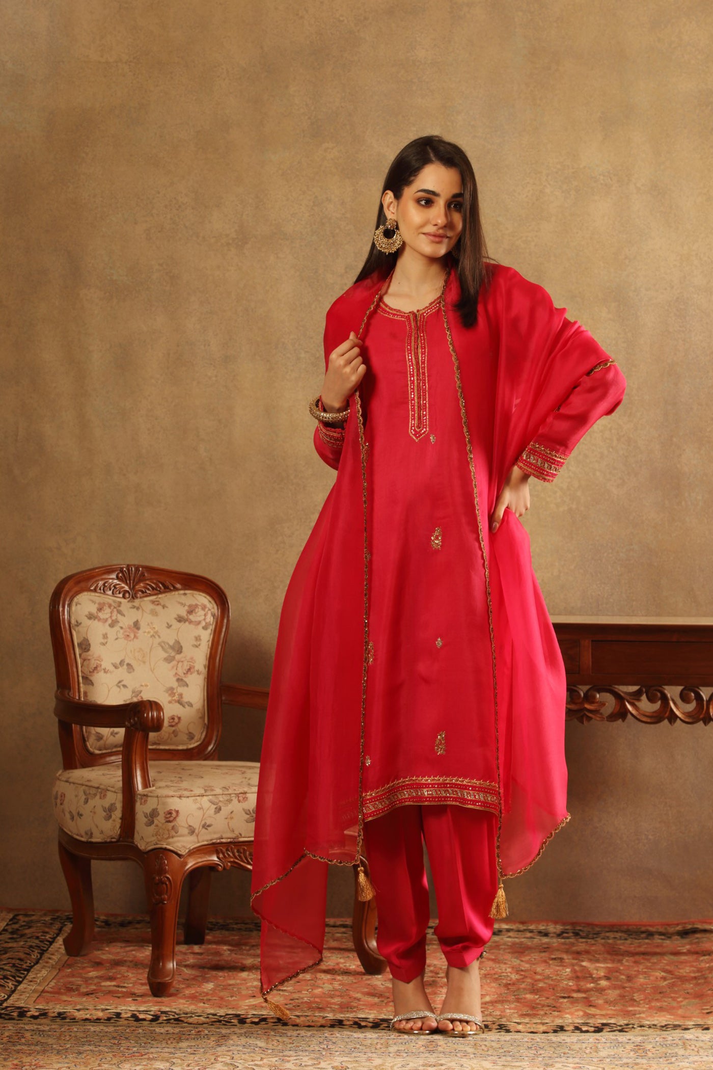 Hand Embroidered Fuchsia Pink Pure Silk Organza Kurta Salwar Set