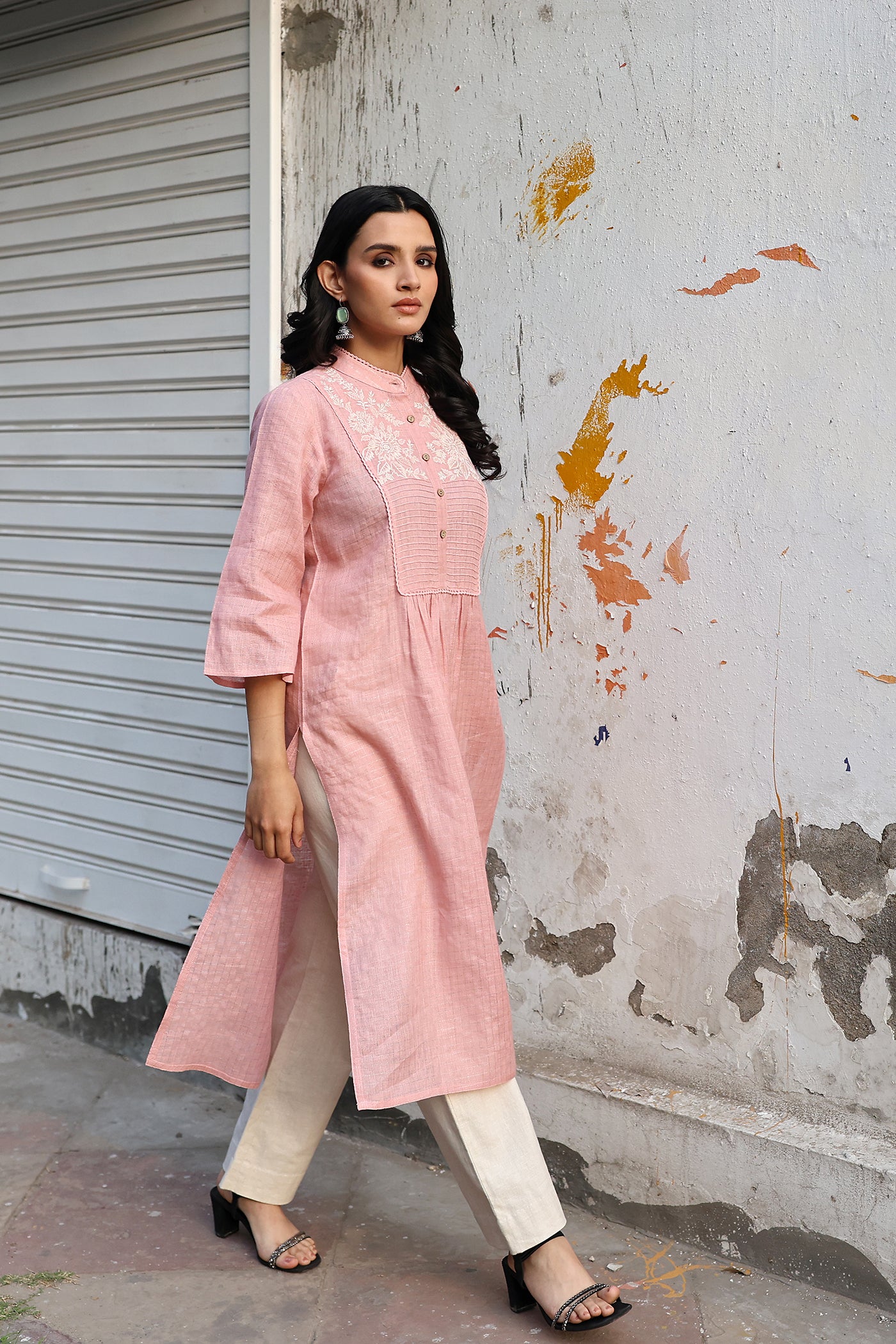 Dusty-Pink Peach Pure Linen (With Metallic Checks & Stripes) Band-Collared With A Pintucked & Embroidered Yoke Kurta-Pants Set