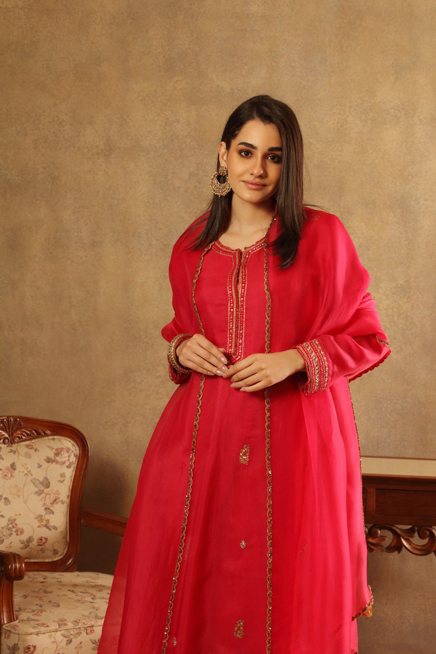 Hand Embroidered Fuchsia Pink Pure Silk Organza Kurta Salwar Set