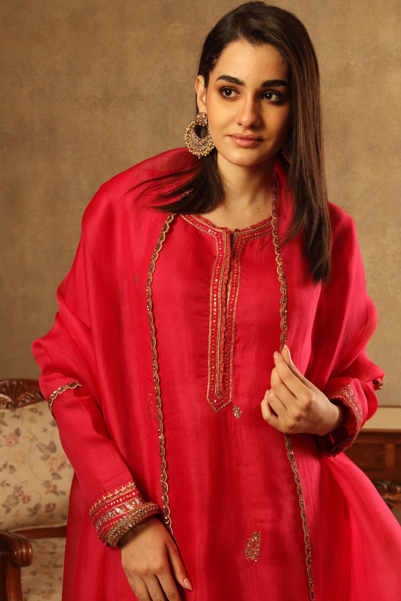 Hand Embroidered Fuchsia Pink Pure Silk Organza Kurta Salwar Set