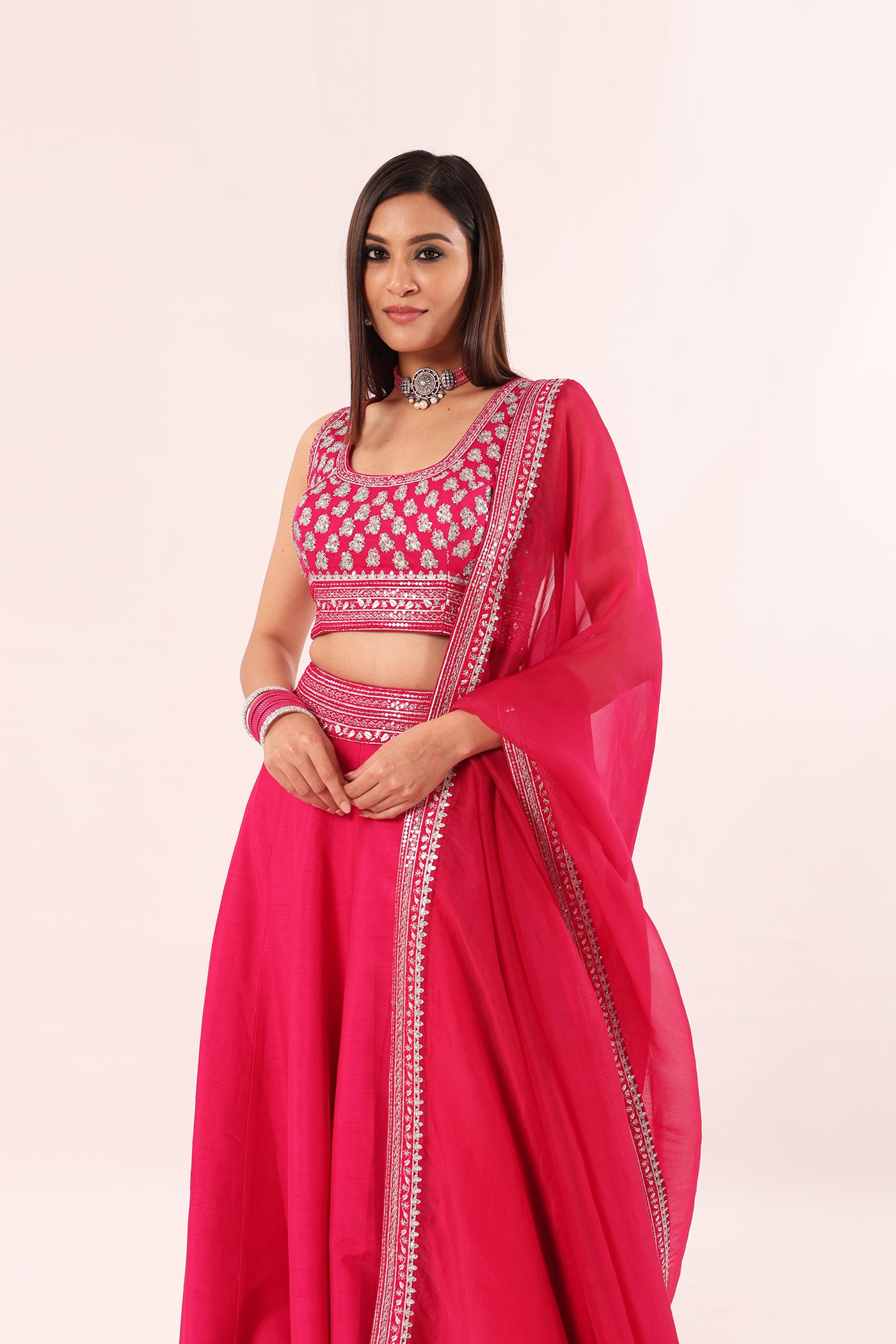 Rani-Pink Hand-Embroidered Pure Raw-Silk Lehenga-Blouse-Dupatta Set