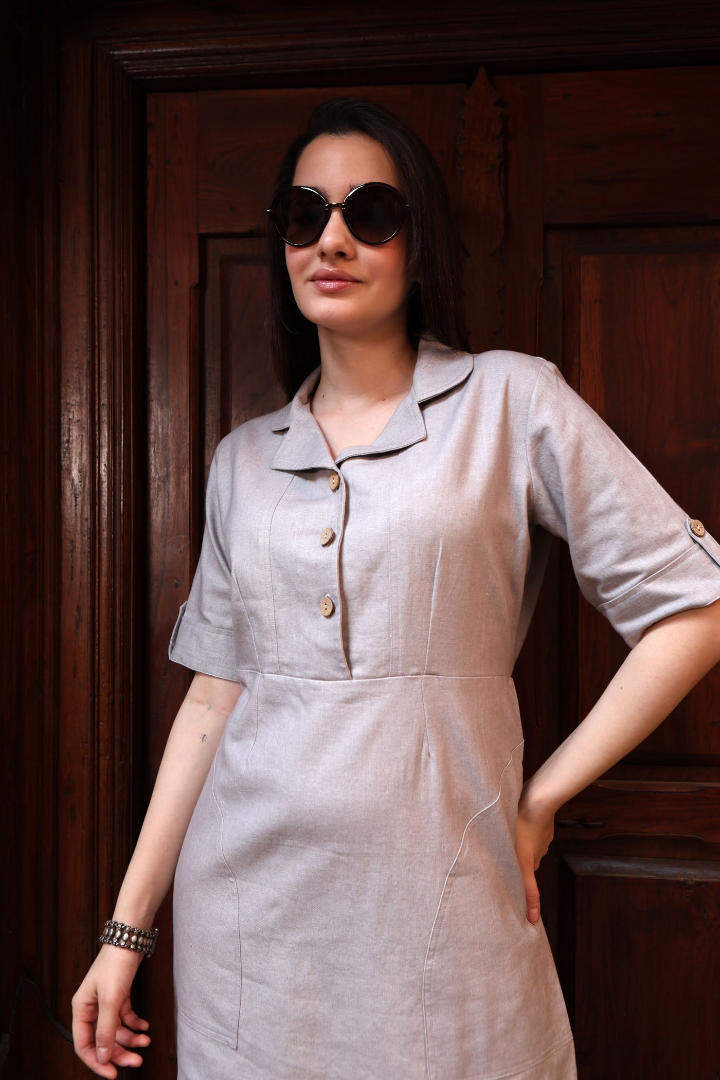 Grey Pure Linen-Cotton Collared Short Dress With Coconut Buttons & Front Pockets