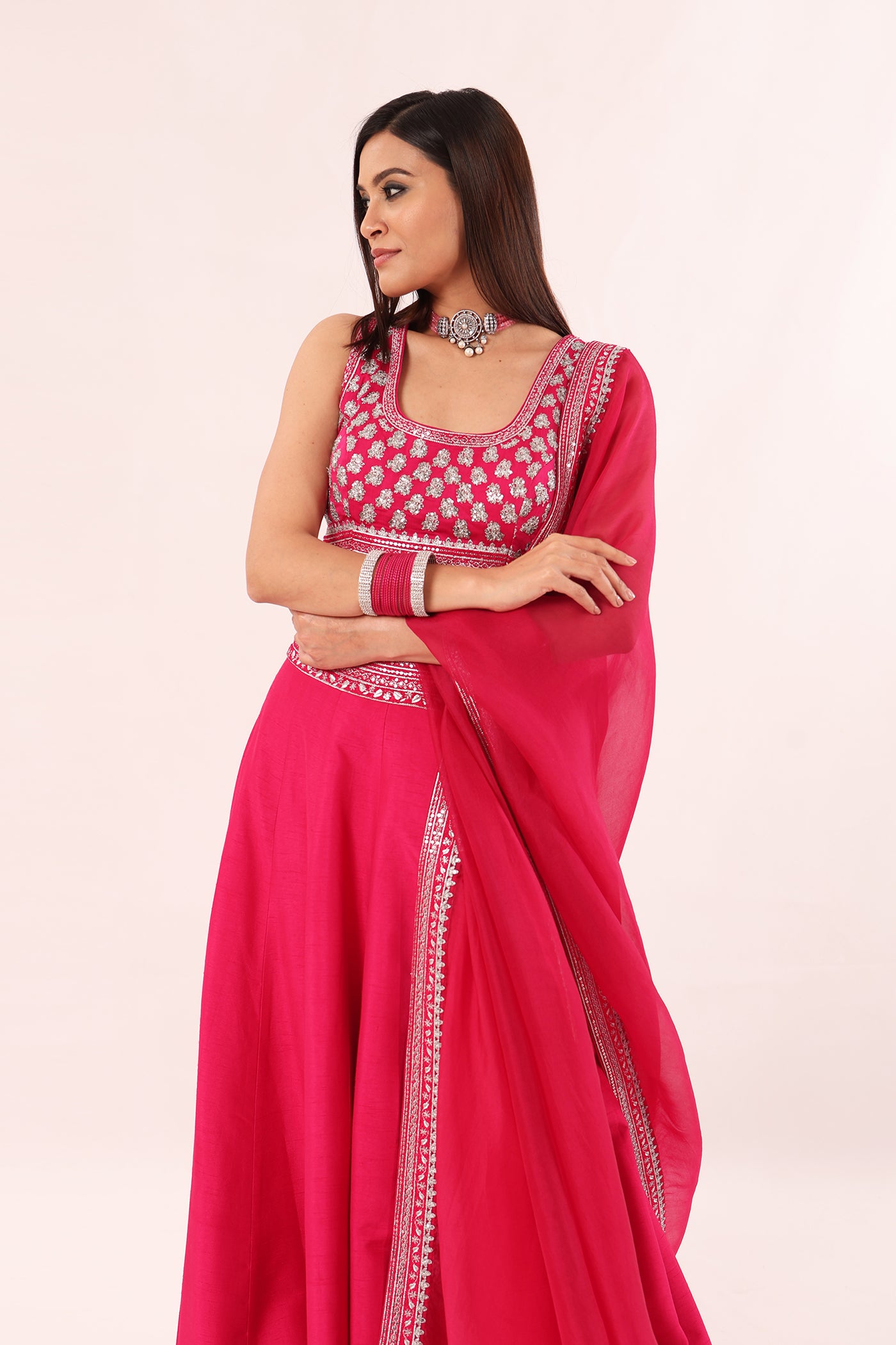 Rani-Pink Hand-Embroidered Pure Raw-Silk Lehenga-Blouse-Dupatta Set
