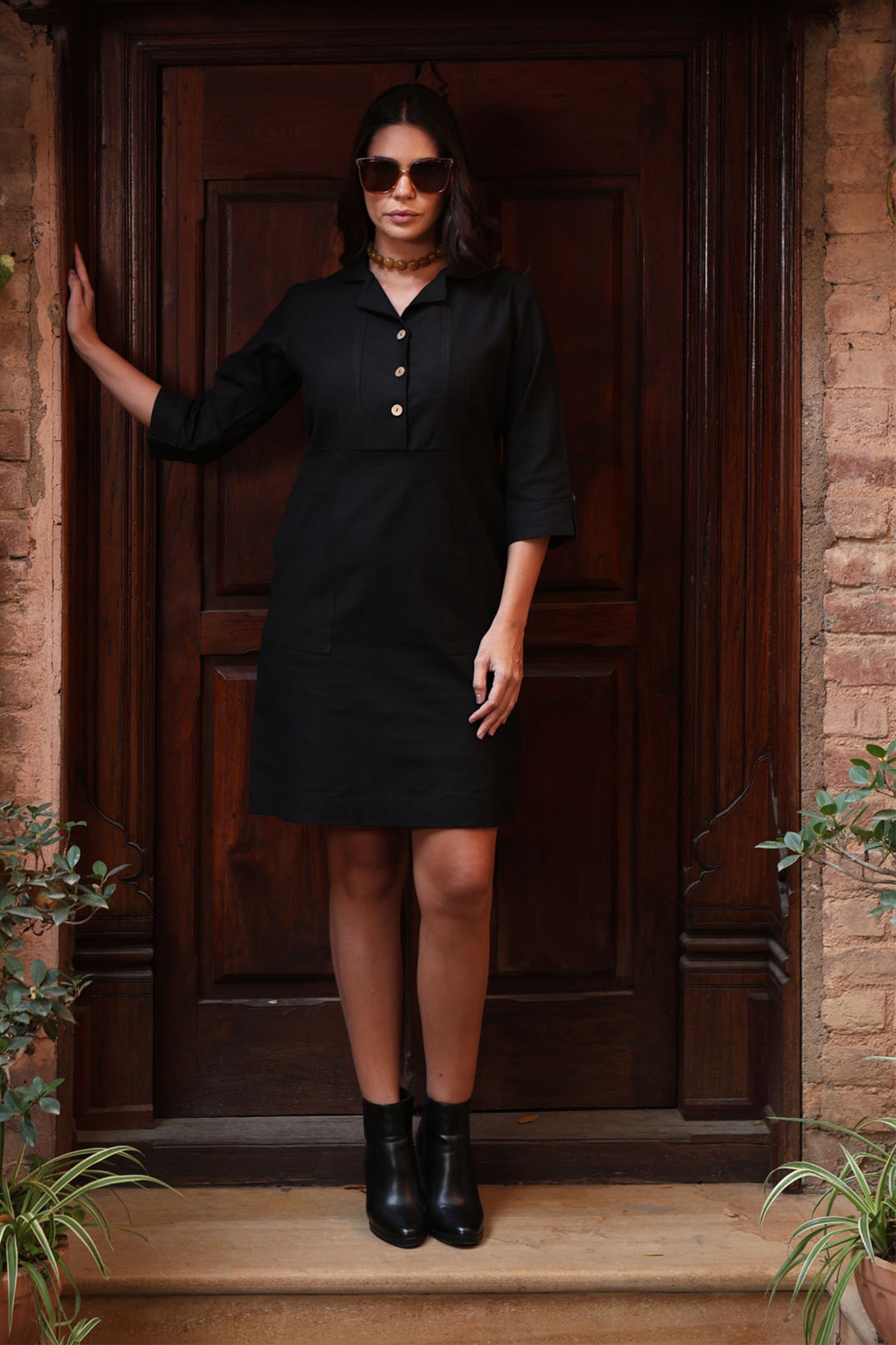 Black Pure Linen-Cotton Collared Short Dress With Coconut Buttons & Front Pockets