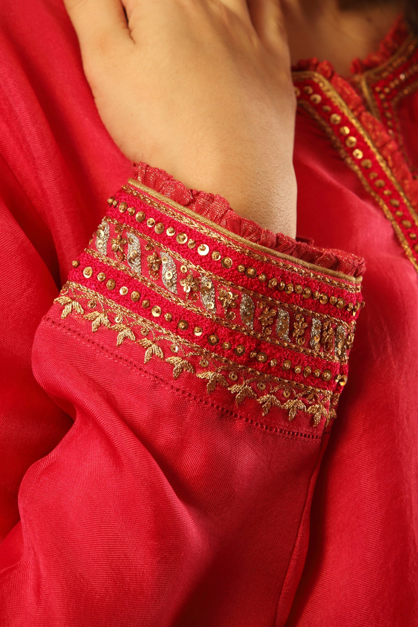 Hand Embroidered Fuchsia Pink Pure Silk Organza Kurta Salwar Set