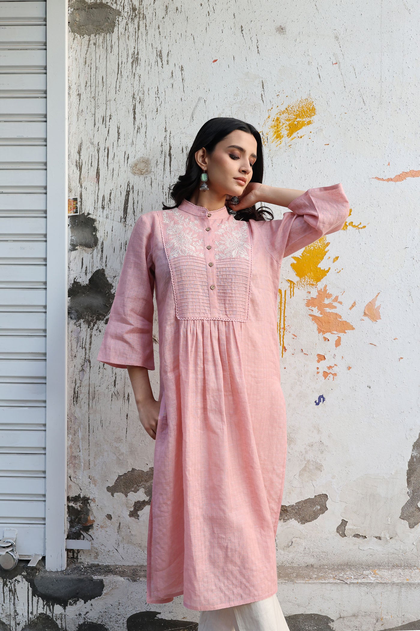 Dusty-Pink Peach Pure Linen (With Metallic Checks & Stripes) Band-Collared With A Pintucked & Embroidered Yoke Kurta-Pants Set