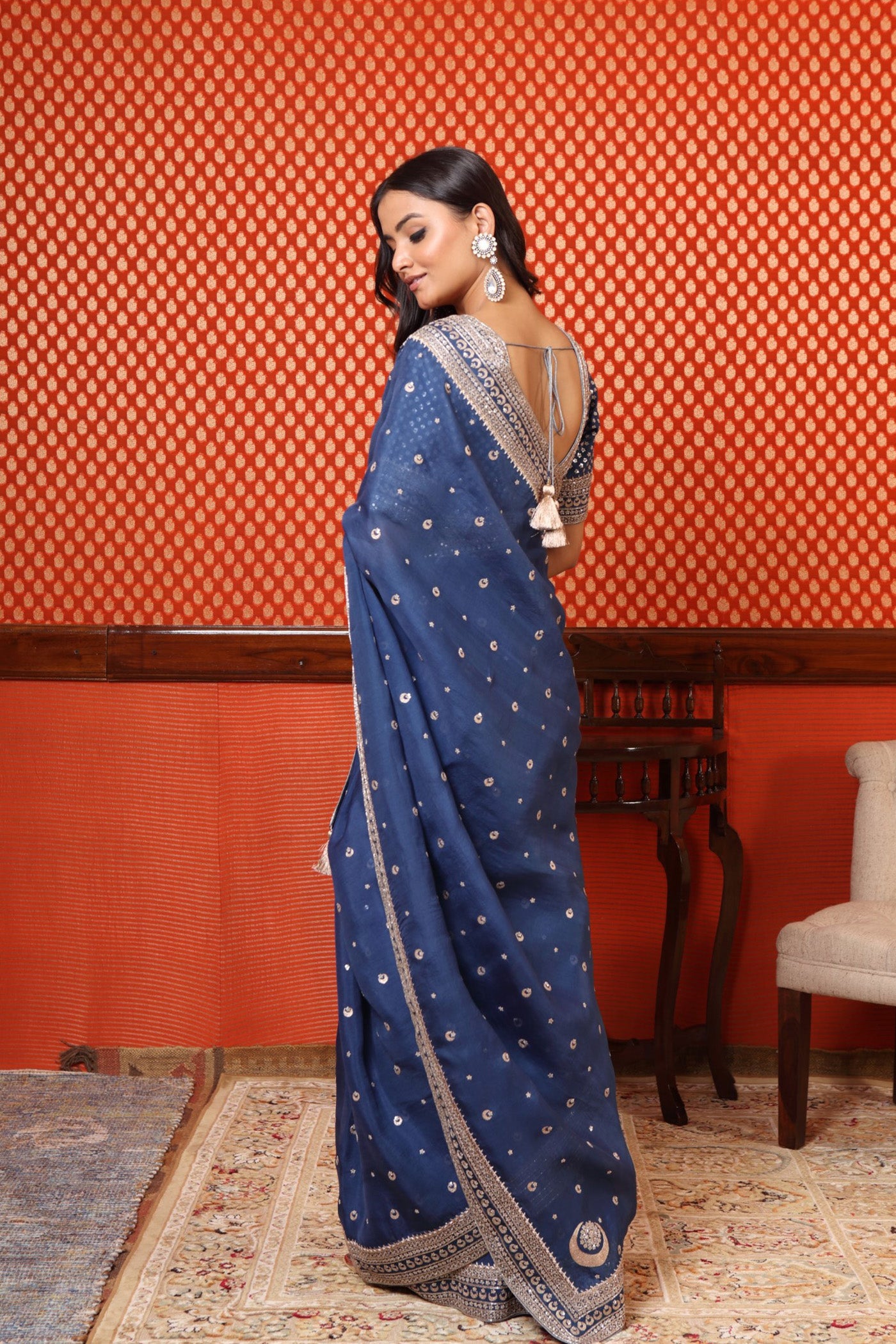 Hand Embroidered Ink Blue Pure Silk Organza Chand Buta Saree Blouse Set