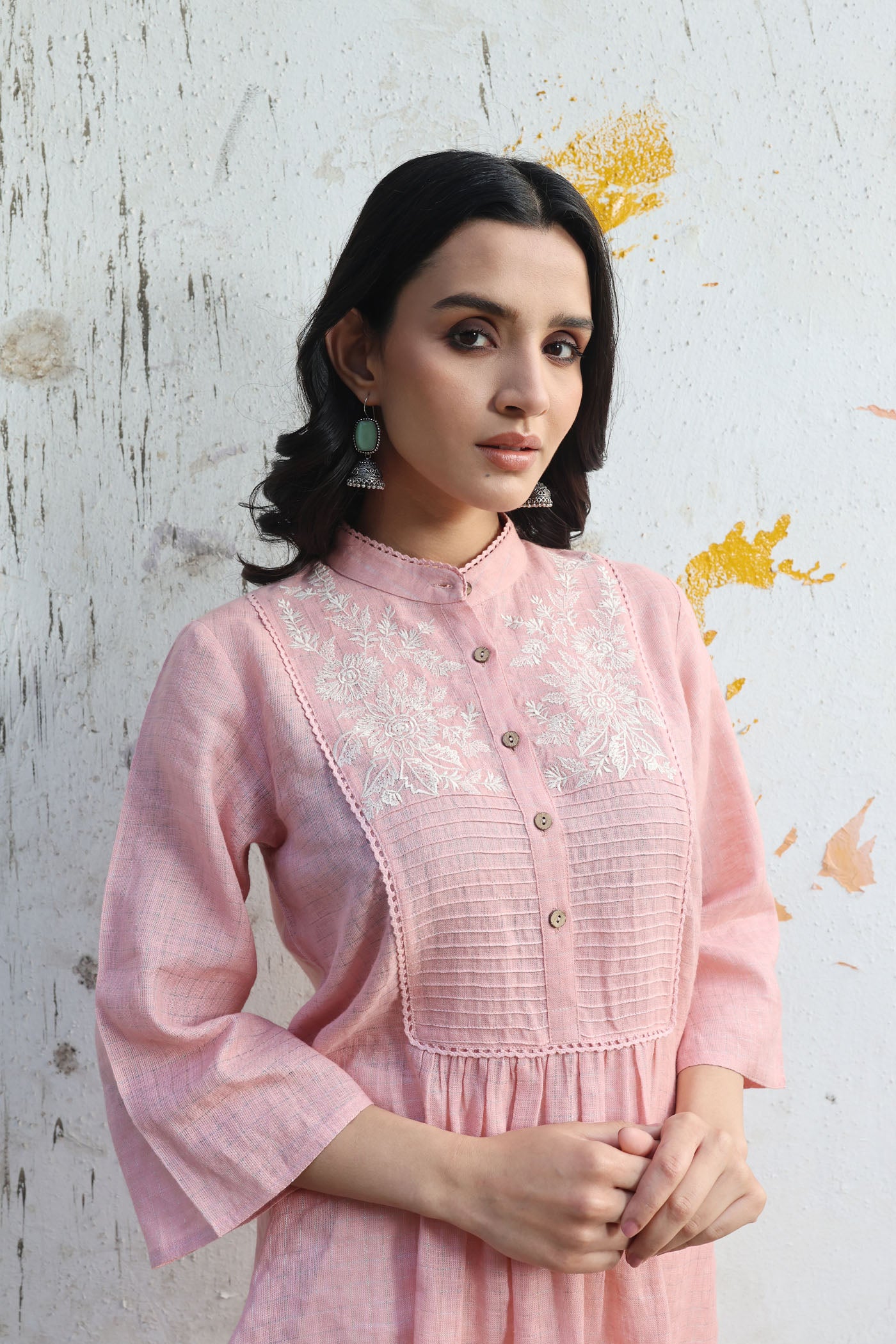 Dusty-Pink Peach Pure Linen (With Metallic Checks & Stripes) Band-Collared With A Pintucked & Embroidered Yoke Kurta-Pants Set
