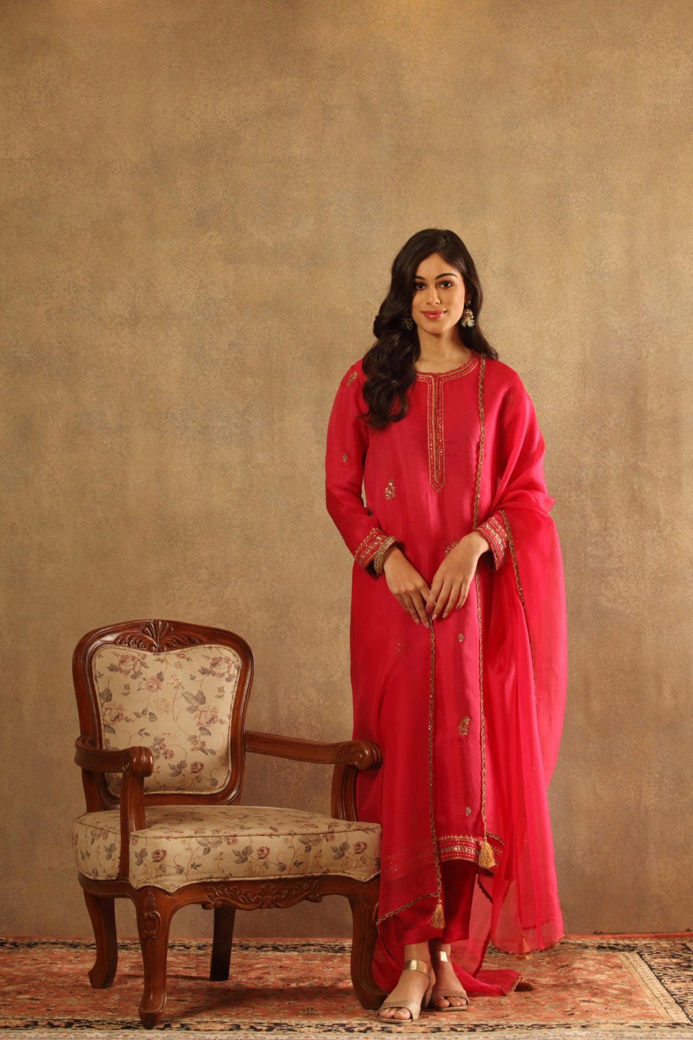 Hand Embroidered Fuchsia Pink Pure Silk Organza Kurta Pants Set