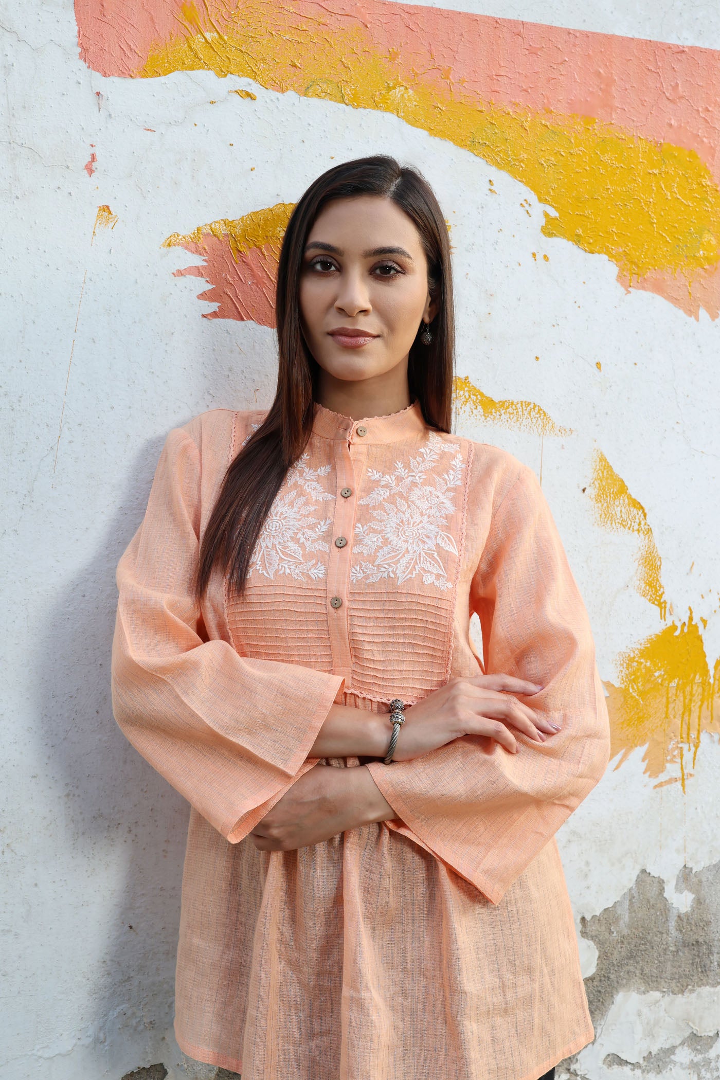 Musk-Melon Peach Pure Linen (With Metallic Checks & Stripes) Band-Collared Short-Blouse With A Pintucked & Embroidered Yoke