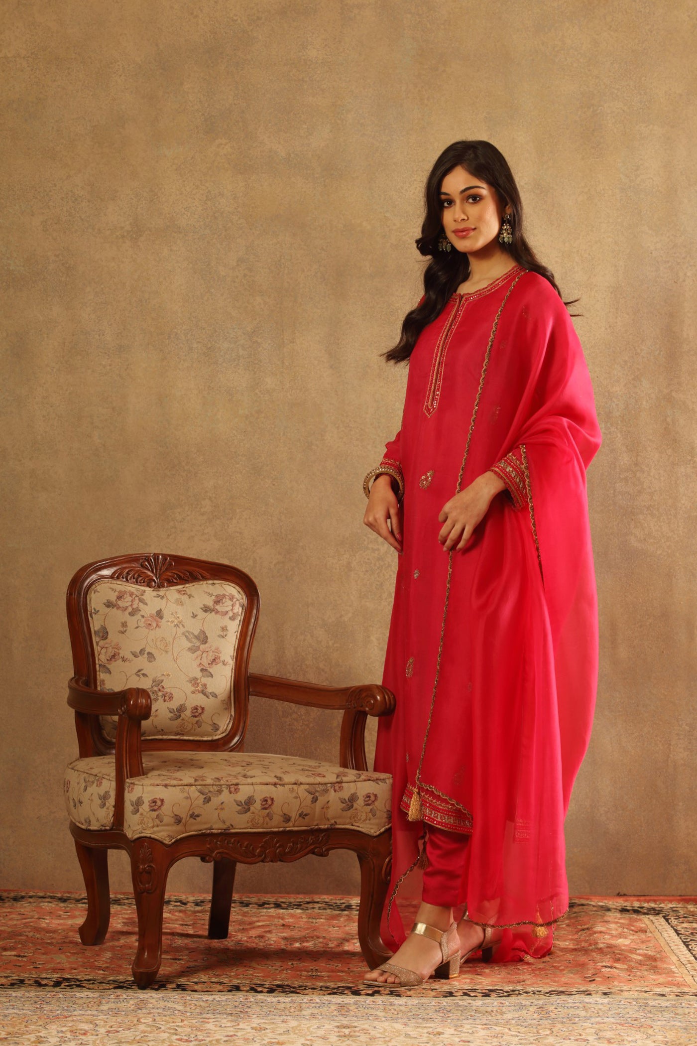 Hand Embroidered Fuchsia Pink Pure Silk Organza Kurta Pants Set