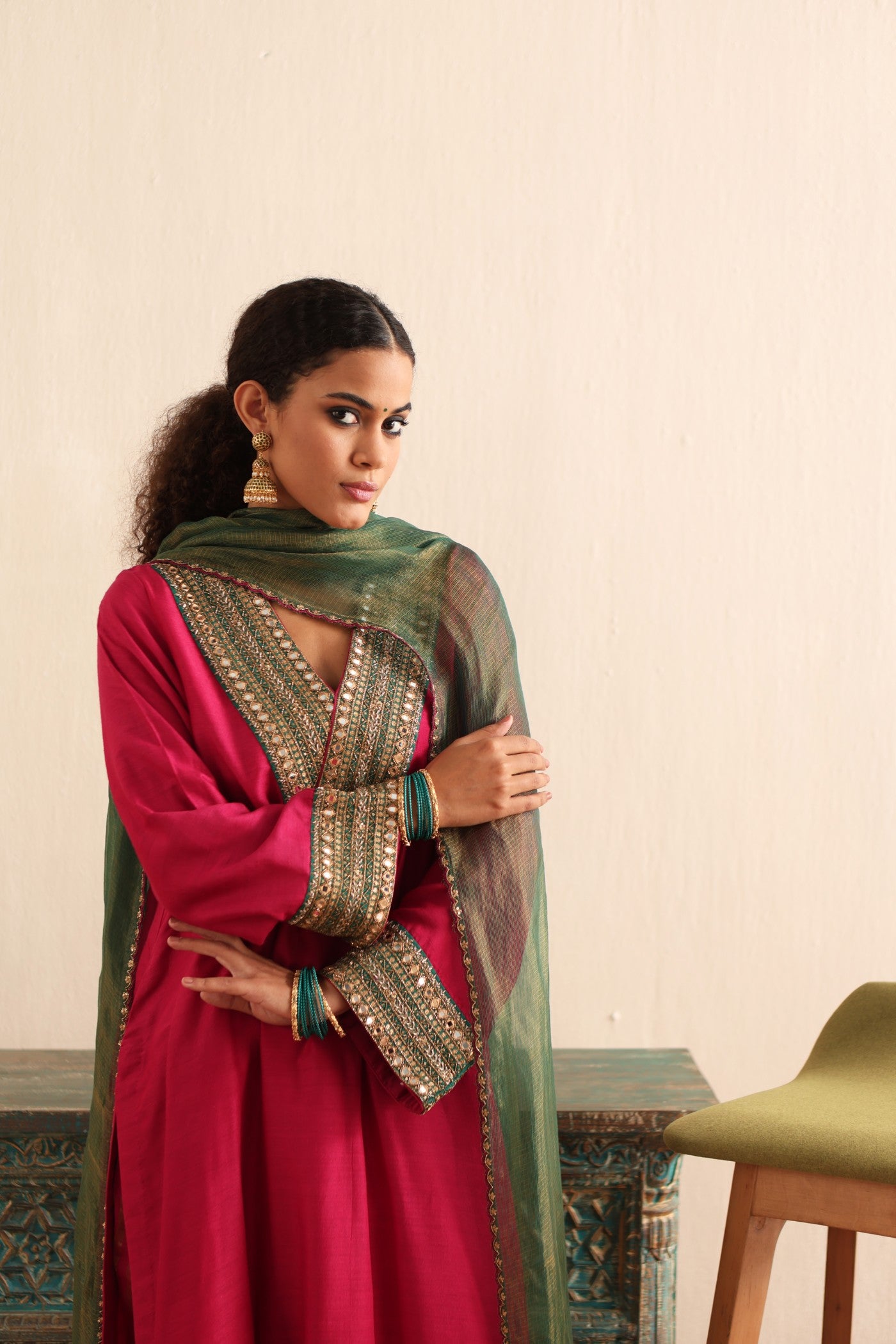 RANI-PINK HAND-EMBROIDERED PURE MUGA-SILK KURTA-PANTS SET WITH GREEN PURE KOTA SILK DUPATTA