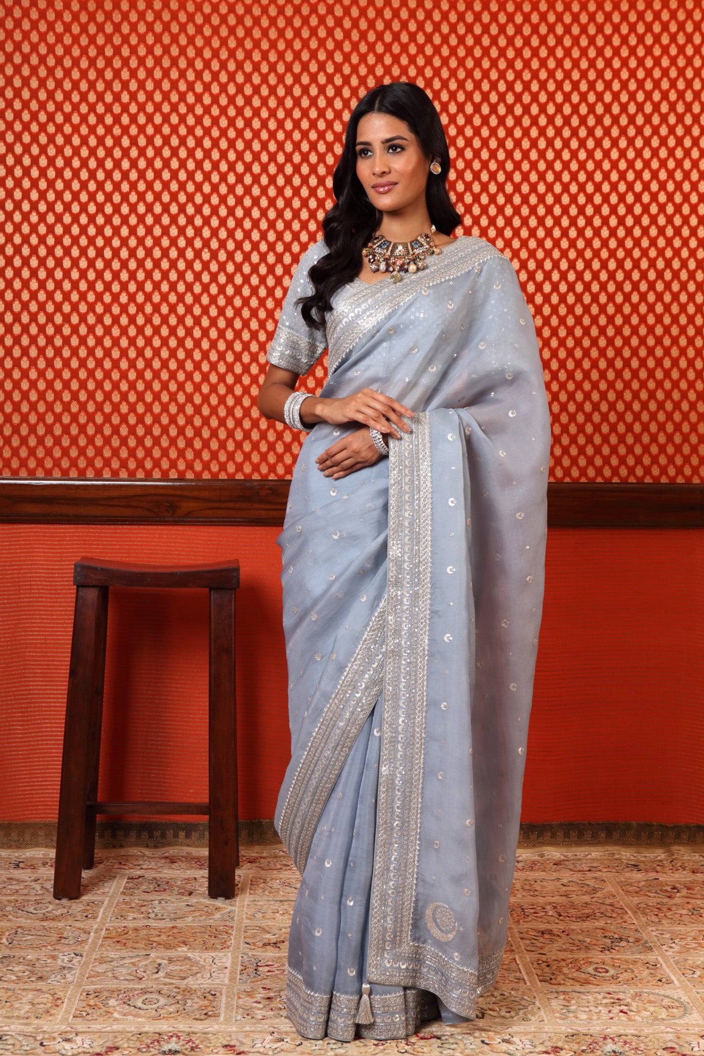 Hand Embroidered Powder Blue Pure Silk Organza Chand Buta Saree Blouse Set