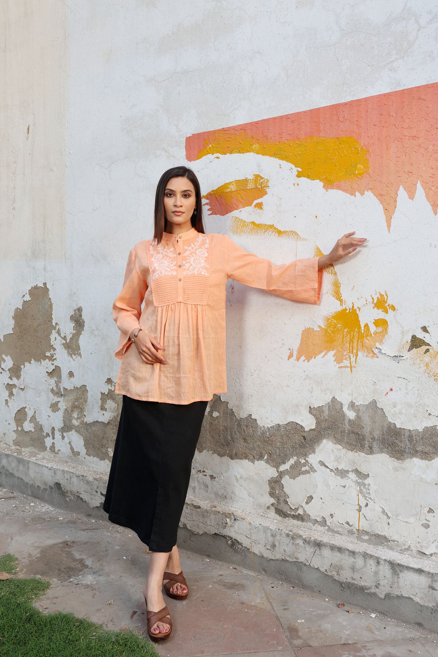 Musk-Melon Peach Pure Linen (With Metallic Checks & Stripes) Band-Collared Short-Blouse With A Pintucked & Embroidered Yoke