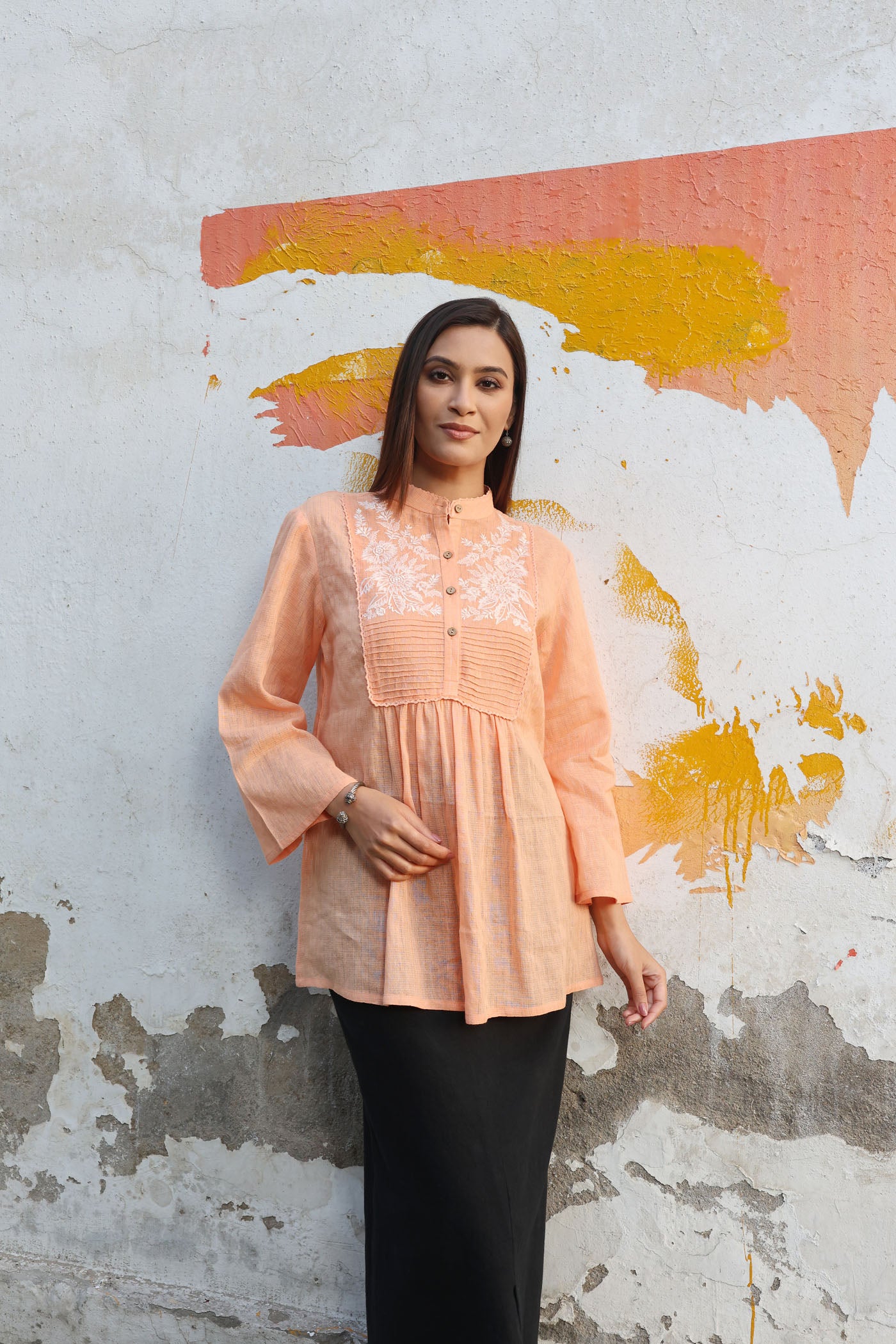 Musk-Melon Peach Pure Linen (With Metallic Checks & Stripes) Band-Collared Short-Blouse With A Pintucked & Embroidered Yoke