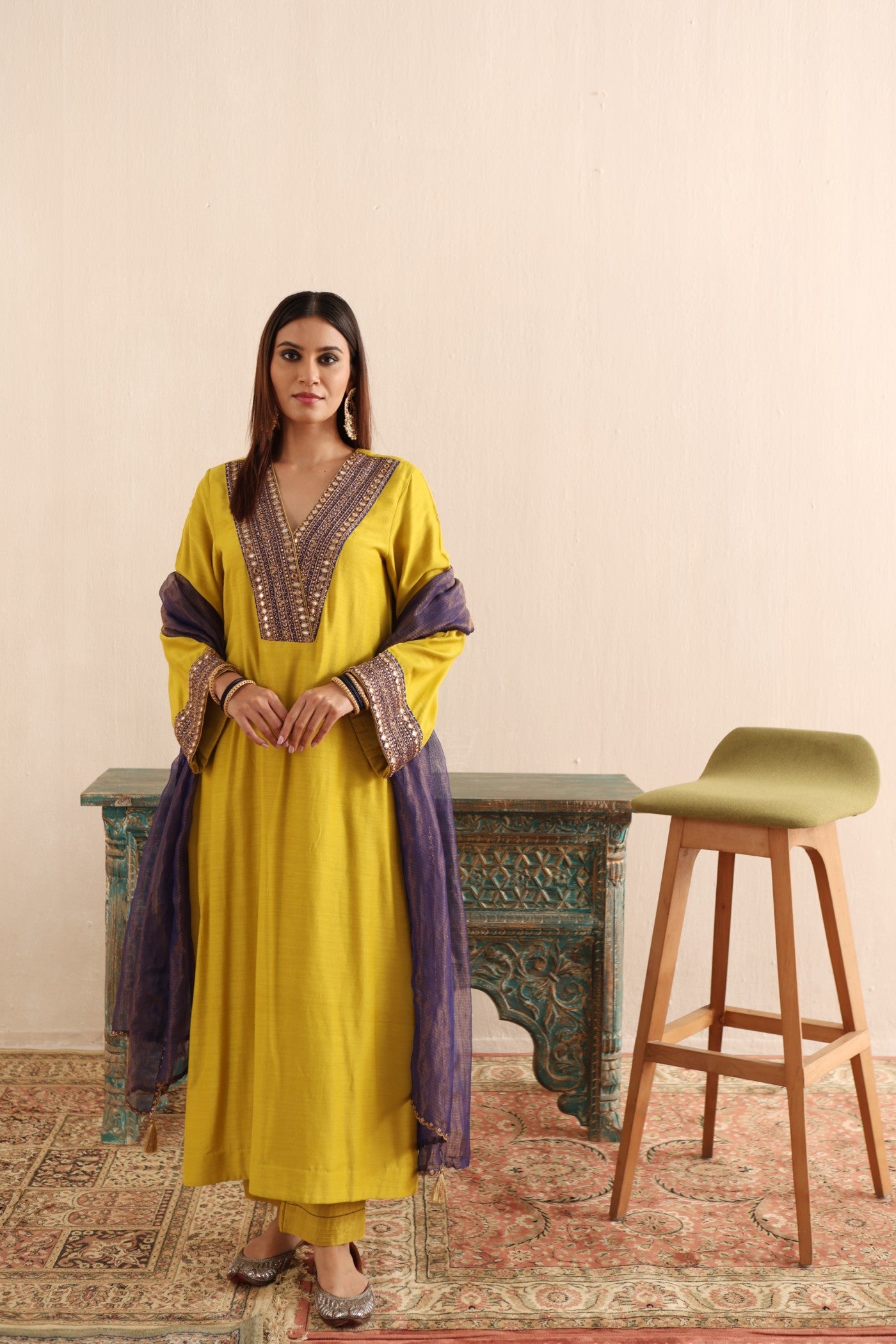 LIME-GREEN HAND-EMBROIDERED PURE MUGA-SILK KURTA-PANTS SET WITH PURPLE PURE KOTA SILK DUPATTA