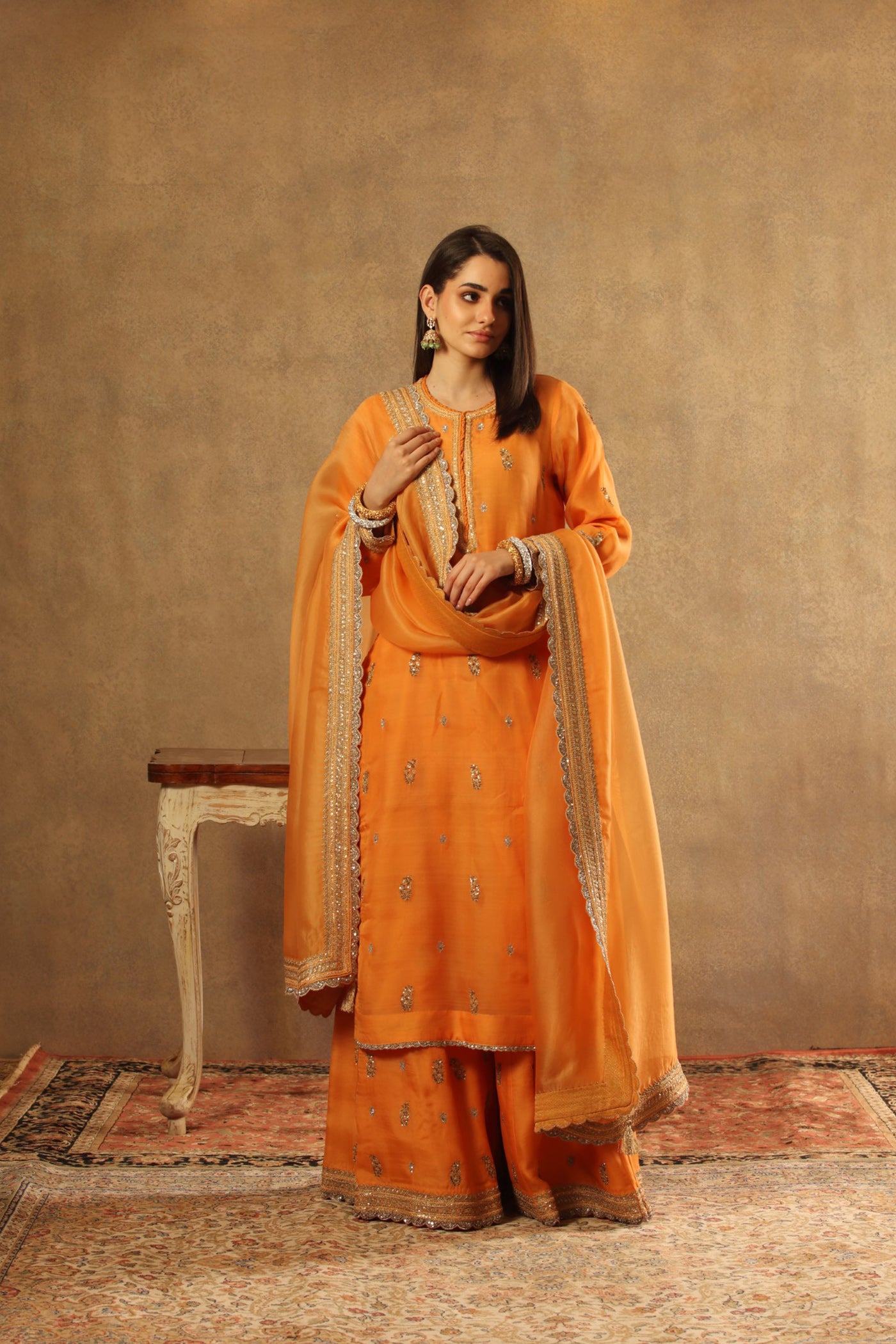 Hand Embroidered Marigold Orange Pure Katan Silk Kurta Sharara Set