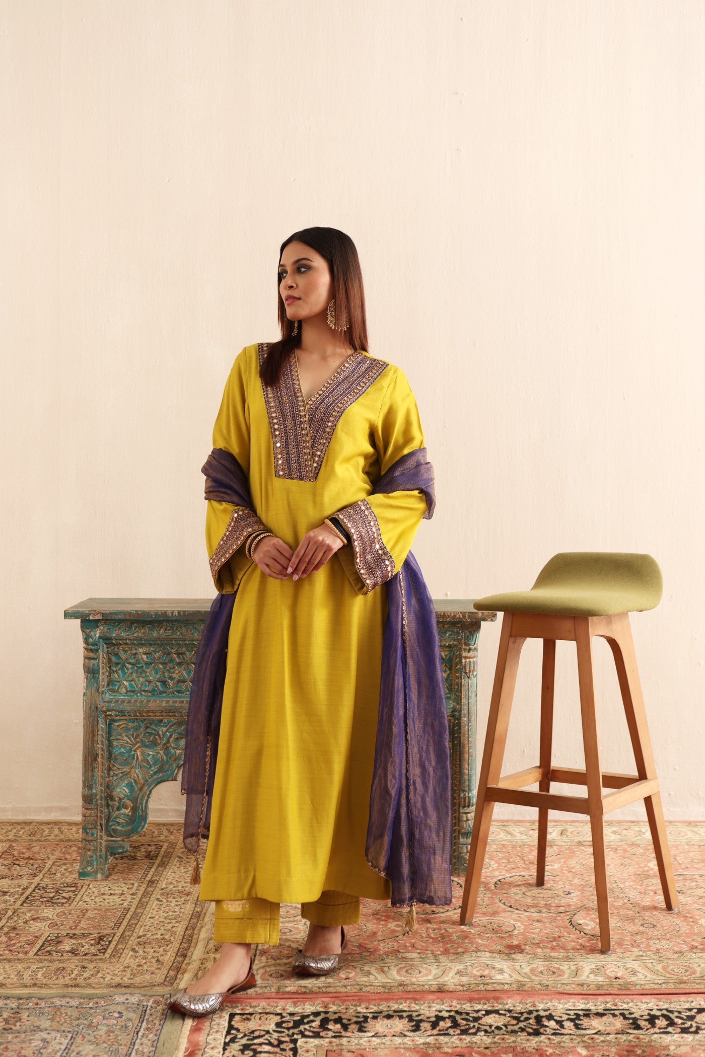 LIME-GREEN HAND-EMBROIDERED PURE MUGA-SILK KURTA-PANTS SET WITH PURPLE PURE KOTA SILK DUPATTA