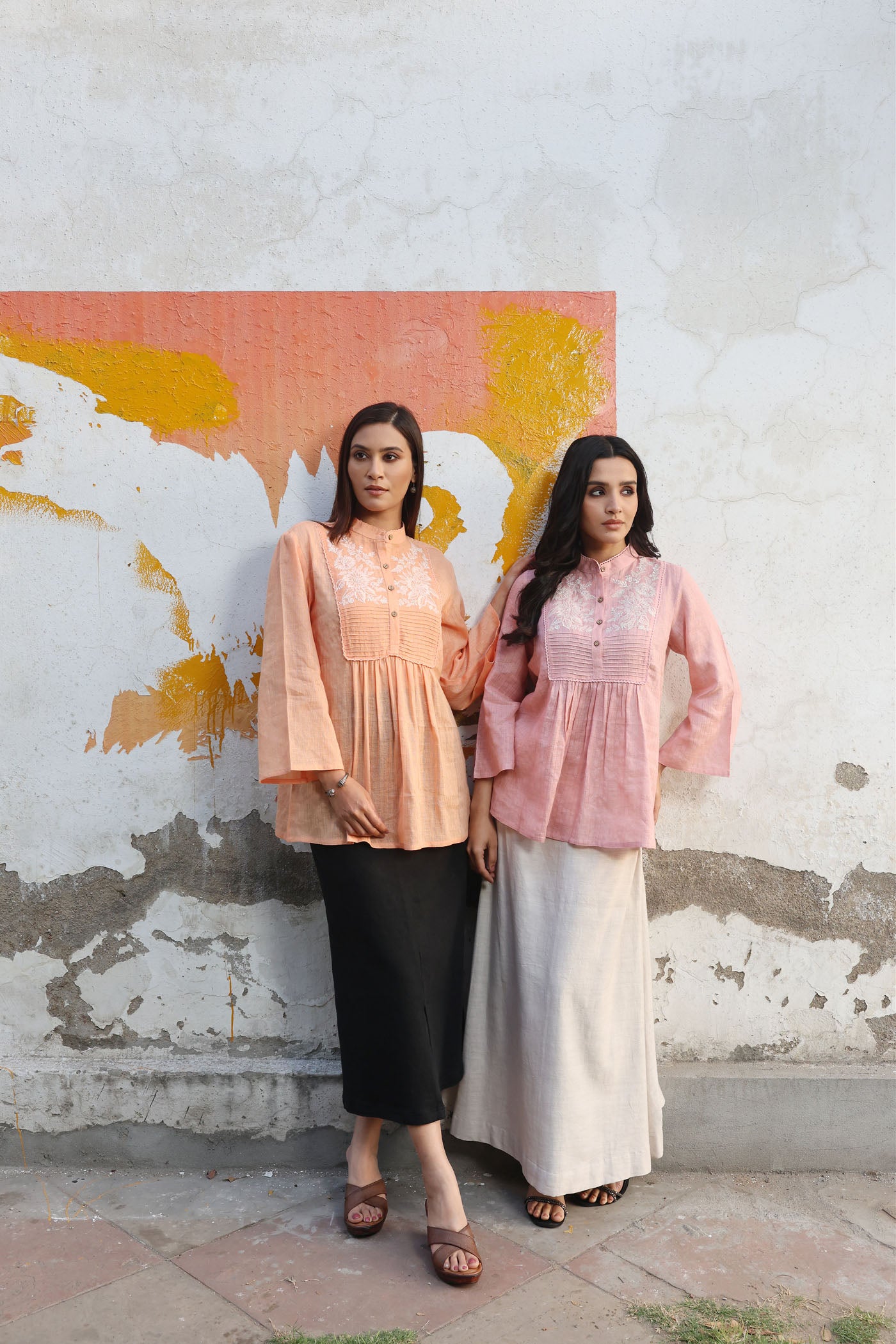Musk-Melon Peach Pure Linen (With Metallic Checks & Stripes) Band-Collared Short-Blouse With A Pintucked & Embroidered Yoke