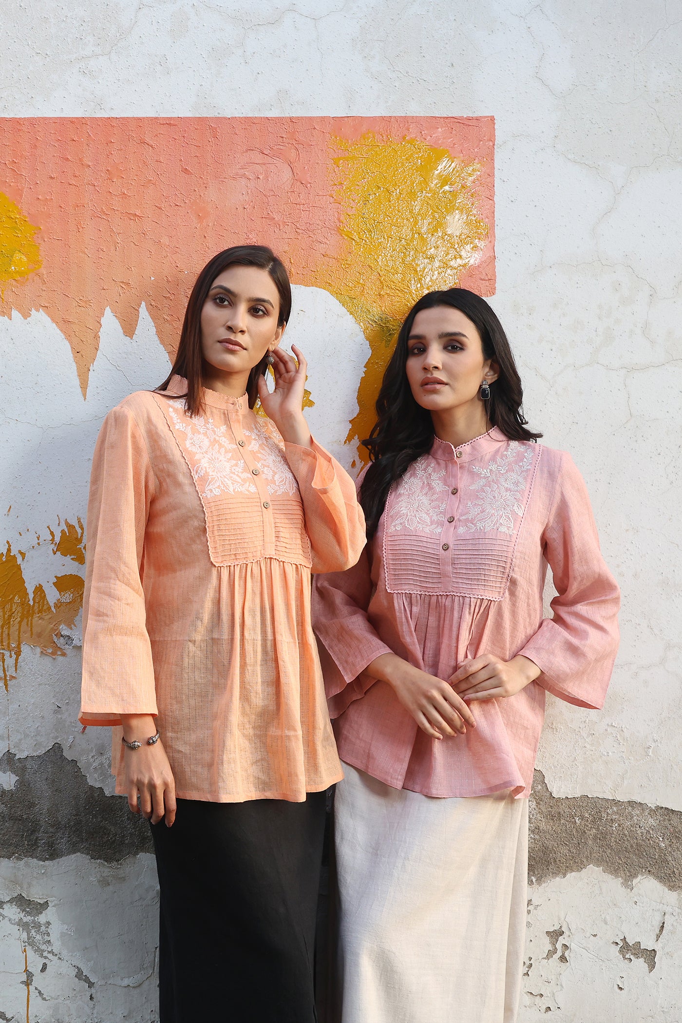 Dusty-Pink Pure Linen (With Metallic Checks & Stripes) Band-Collared Short-Blouse With A Pintucked & Embroidered Yoke