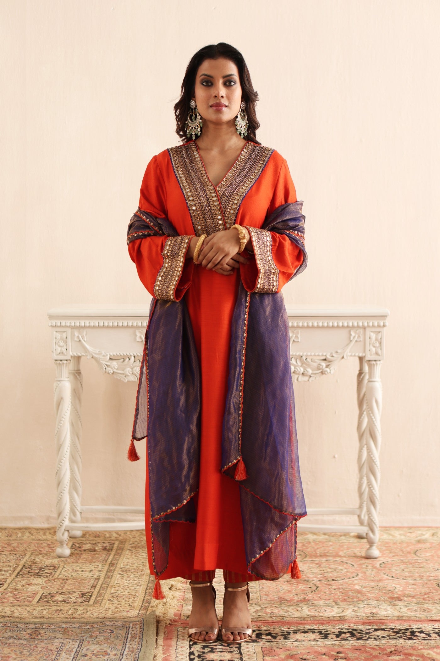 BURNT-ORANGE HAND-EMBROIDERED PURE MUGA-SILK KURTA-PANTS SET WITH ROYAL-BLUE PURE KOTA SILK DUPATTA