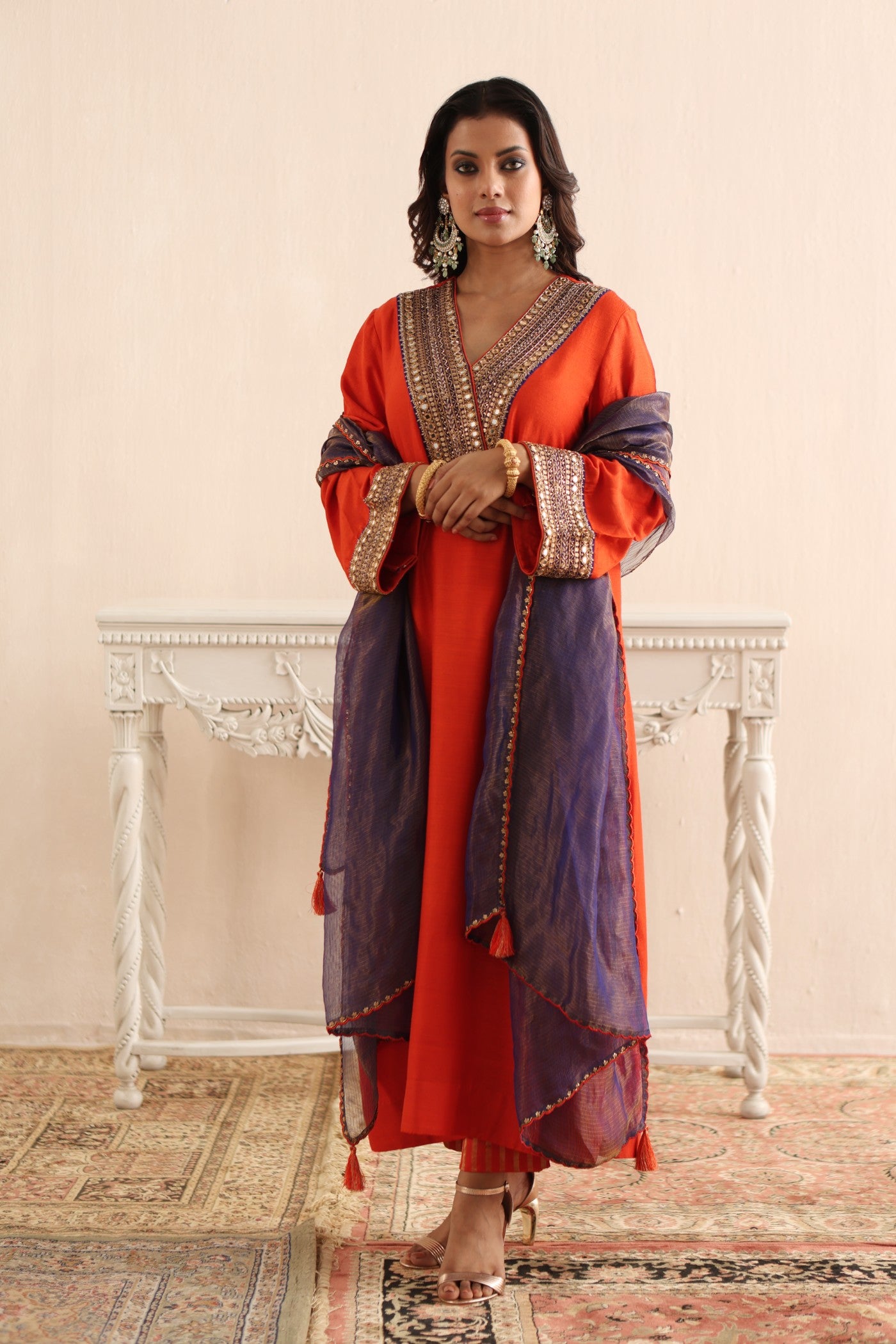 BURNT-ORANGE HAND-EMBROIDERED PURE MUGA-SILK KURTA-PANTS SET WITH ROYAL-BLUE PURE KOTA SILK DUPATTA