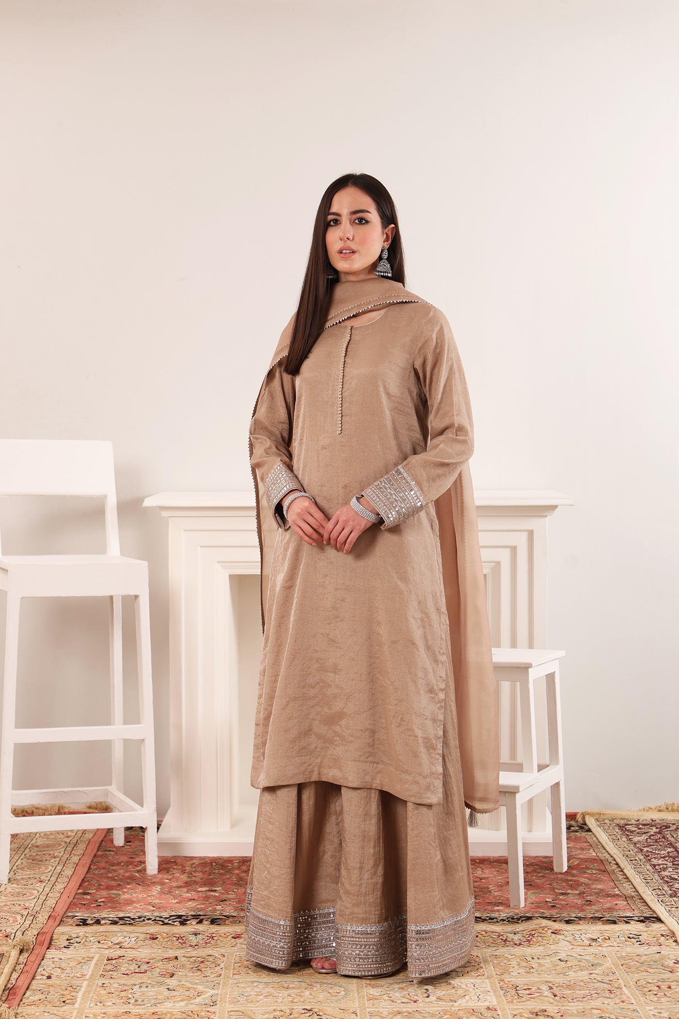 Smoky-Brown Embroidered Pure Silk-Cotton Tissue Long-Kurta-Sharara Set