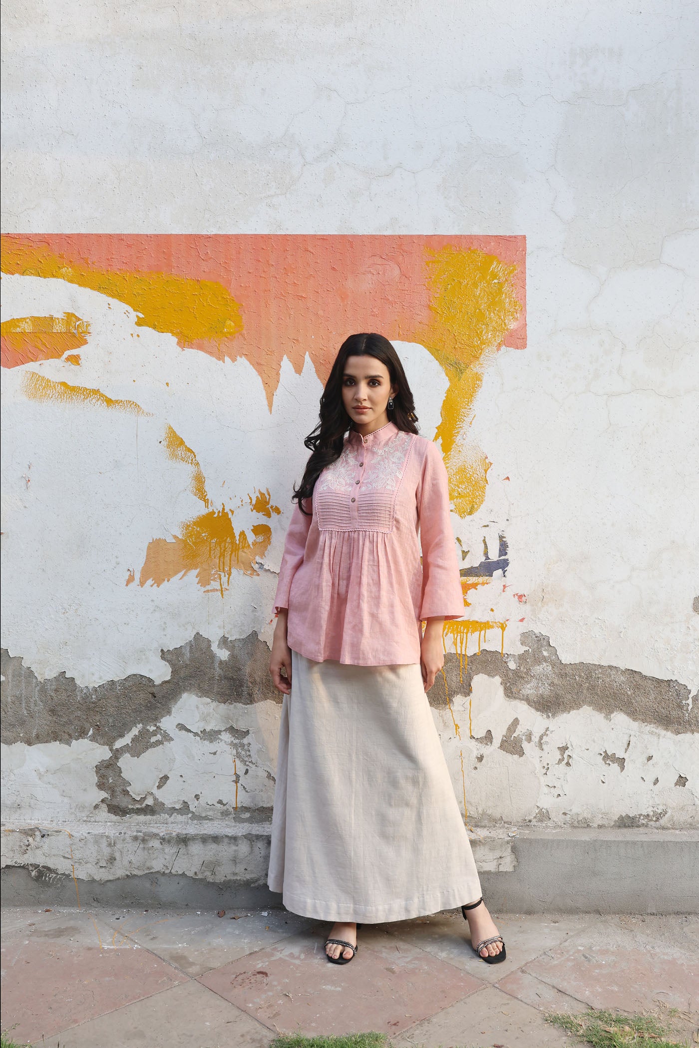 Dusty-Pink Pure Linen (With Metallic Checks & Stripes) Band-Collared Short-Blouse With A Pintucked & Embroidered Yoke