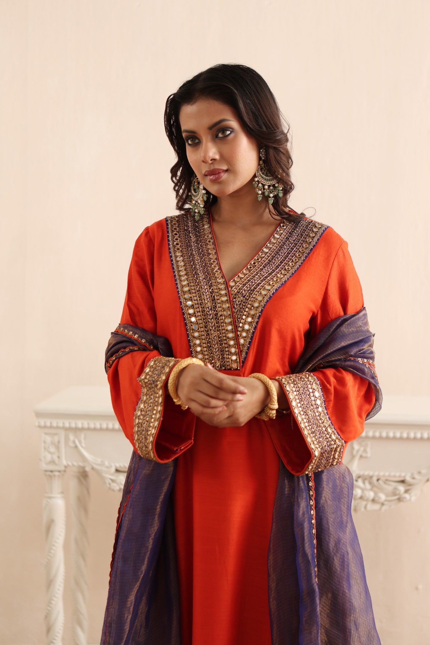 BURNT-ORANGE HAND-EMBROIDERED PURE MUGA-SILK KURTA-PANTS SET WITH ROYAL-BLUE PURE KOTA SILK DUPATTA