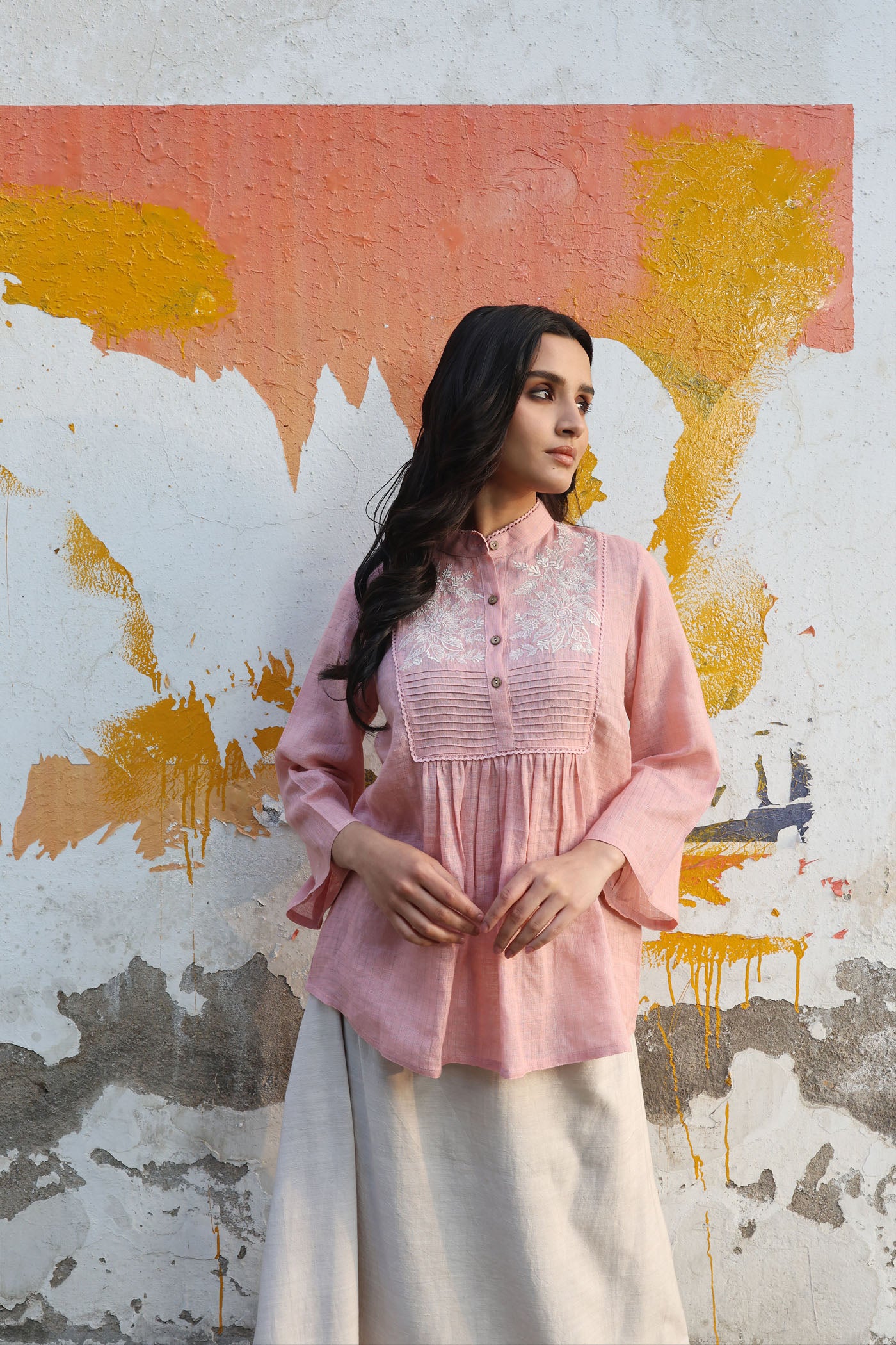 Dusty-Pink Pure Linen (With Metallic Checks & Stripes) Band-Collared Short-Blouse With A Pintucked & Embroidered Yoke