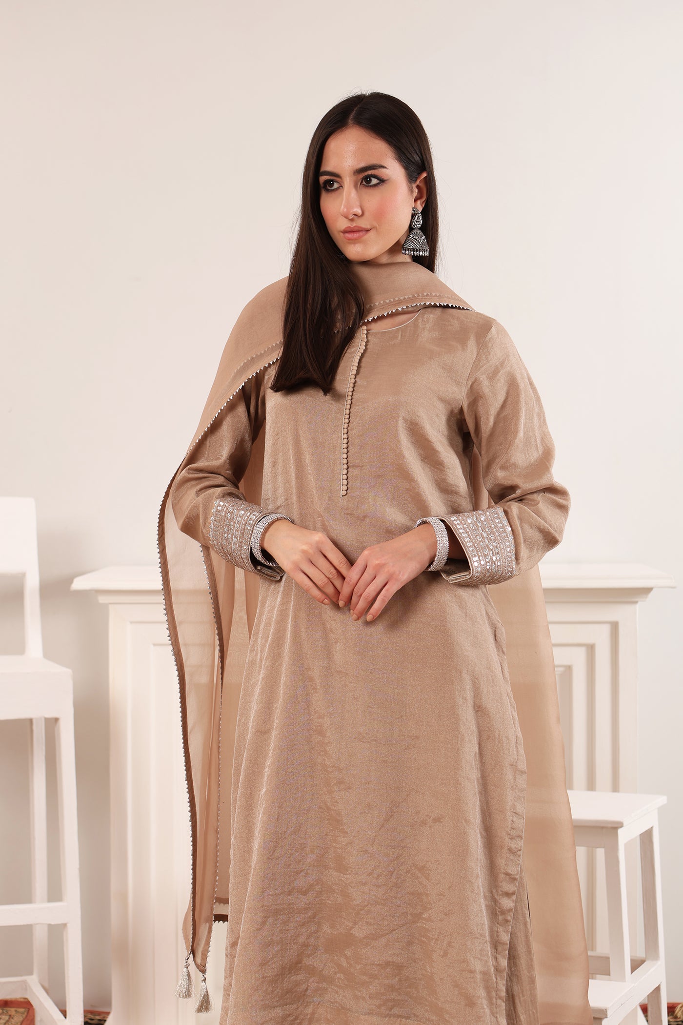 Smoky-Brown Embroidered Pure Silk-Cotton Tissue Long-Kurta-Sharara Set