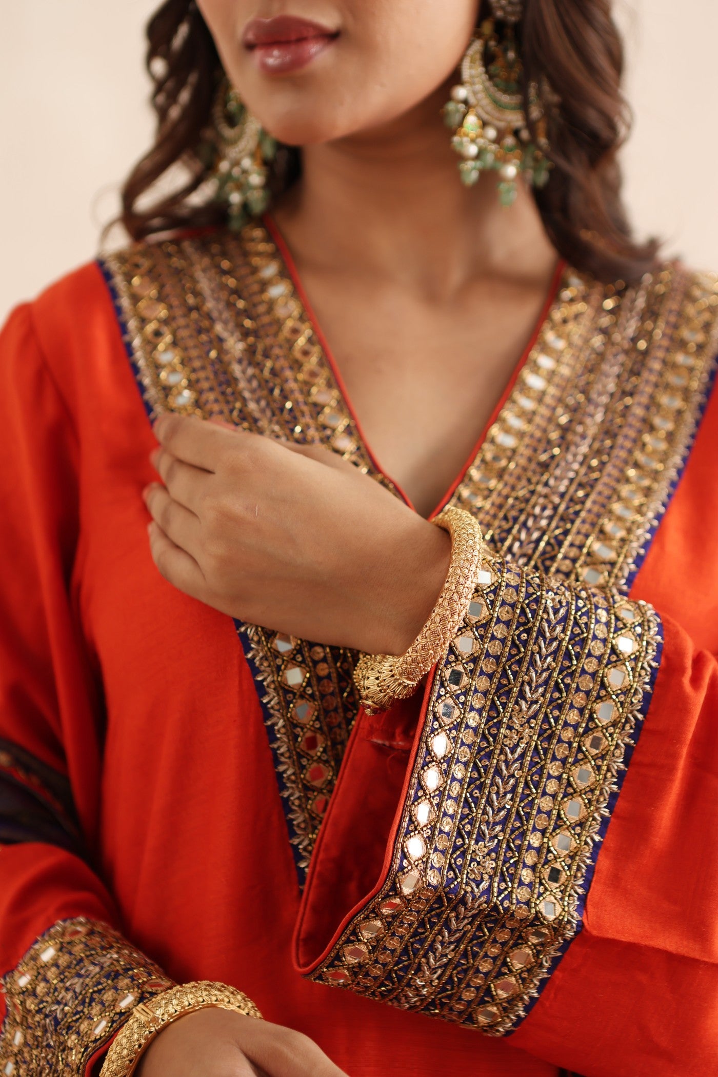 BURNT-ORANGE HAND-EMBROIDERED PURE MUGA-SILK KURTA-PANTS SET WITH ROYAL-BLUE PURE KOTA SILK DUPATTA
