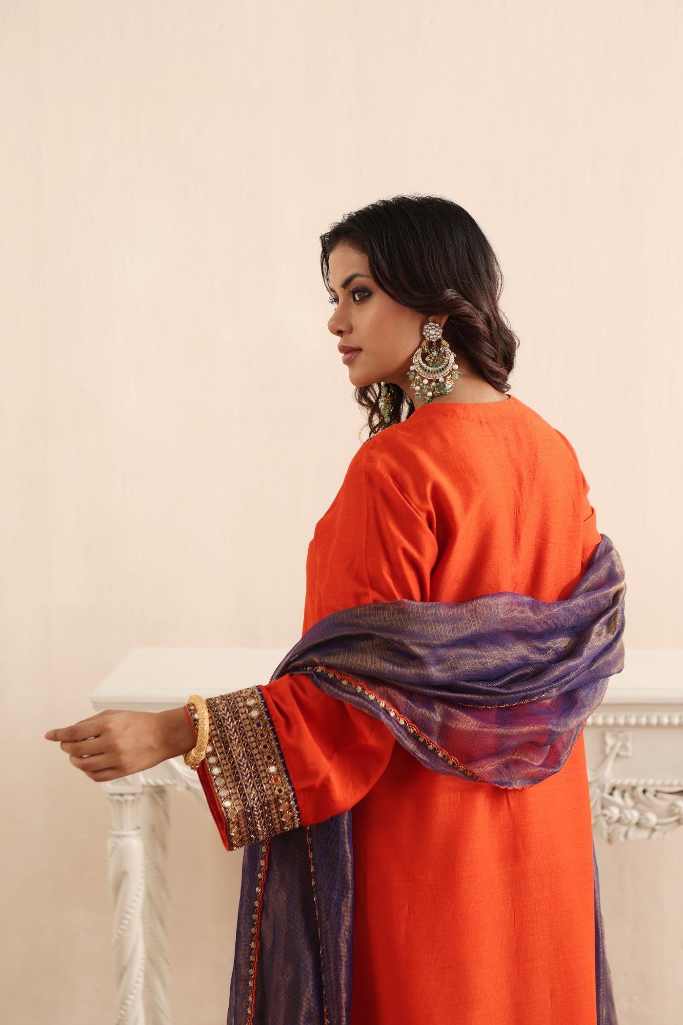 BURNT-ORANGE HAND-EMBROIDERED PURE MUGA-SILK KURTA-PANTS SET WITH ROYAL-BLUE PURE KOTA SILK DUPATTA