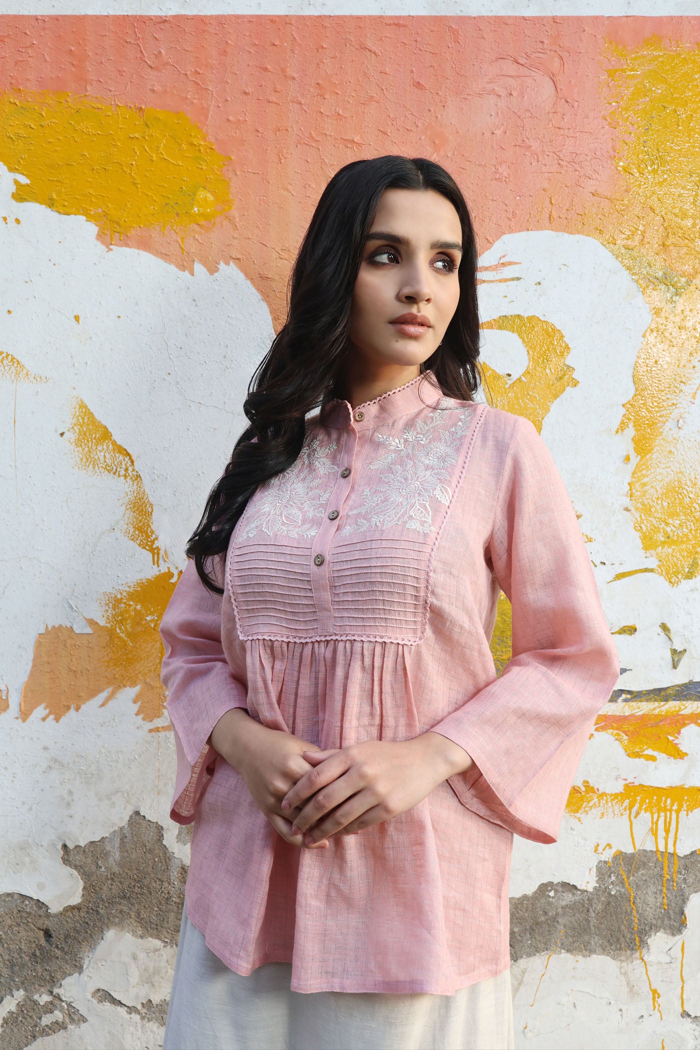 Dusty-Pink Pure Linen (With Metallic Checks & Stripes) Band-Collared Short-Blouse With A Pintucked & Embroidered Yoke