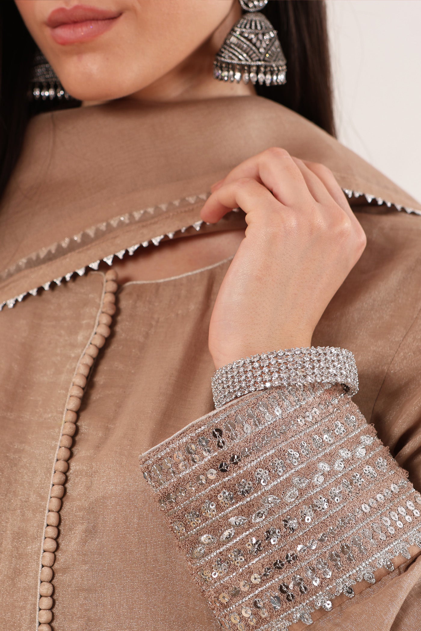 Smoky-Brown Embroidered Pure Silk-Cotton Tissue Long-Kurta-Sharara Set