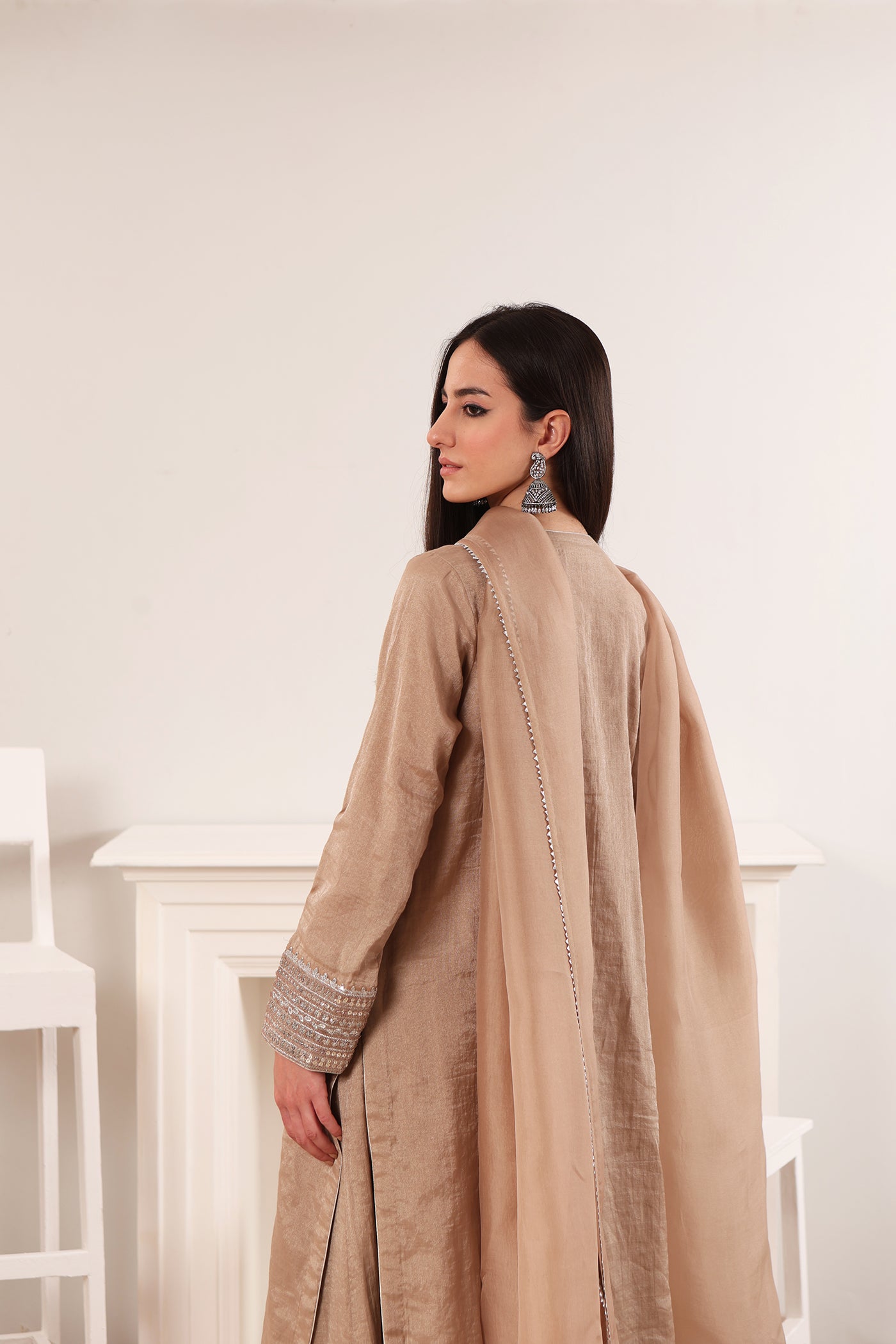 Smoky-Brown Embroidered Pure Silk-Cotton Tissue Long-Kurta-Sharara Set