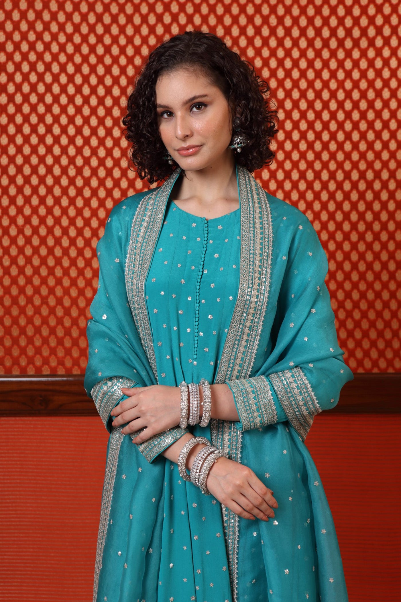 Hand Embroidered Sea Blue Pure Crepe Silk Anarkali Pants Set