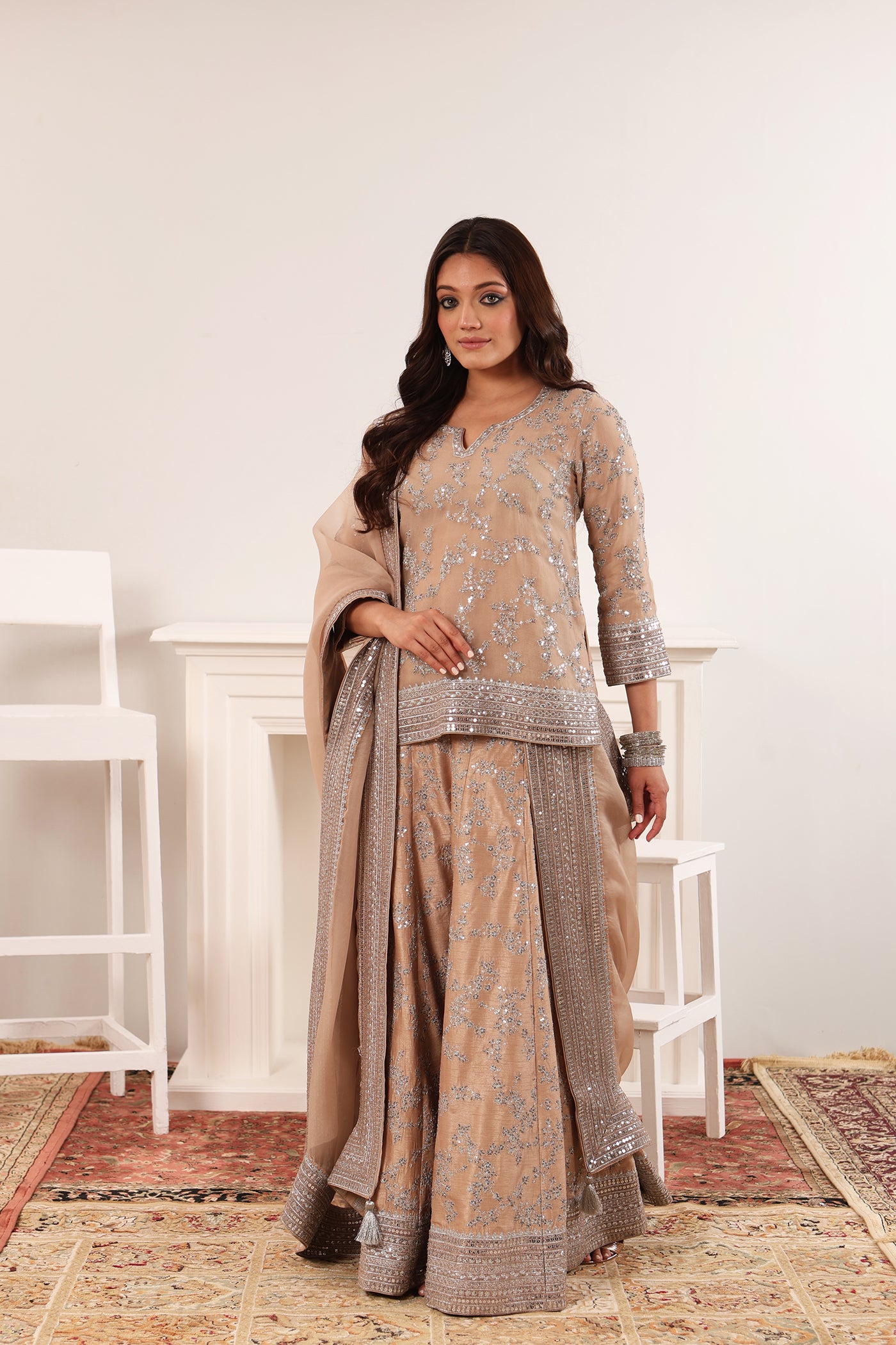 Sand-Beige Embroidered Pure Silk-Organza Short-Kurta-Sharara Set