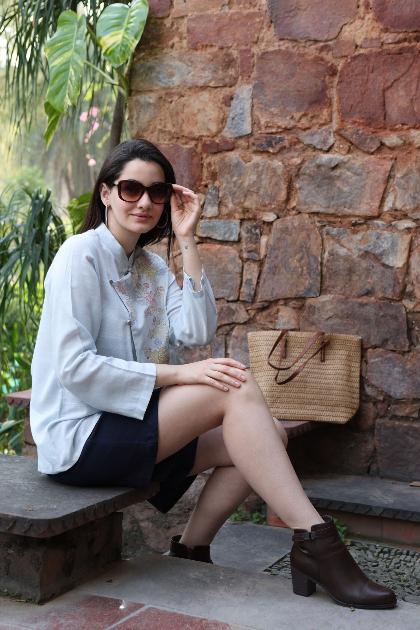 Pastel-Blue Embroidered (Applique & Cutwork) Pure Cotton Band-Collared Short-Blouse With An Asymmetrical Front Opening