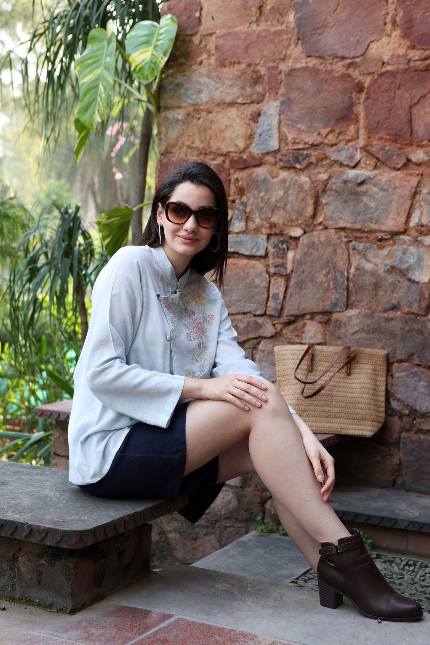 Pastel-Blue Embroidered (Applique & Cutwork) Pure Cotton Band-Collared Short-Blouse With An Asymmetrical Front Opening