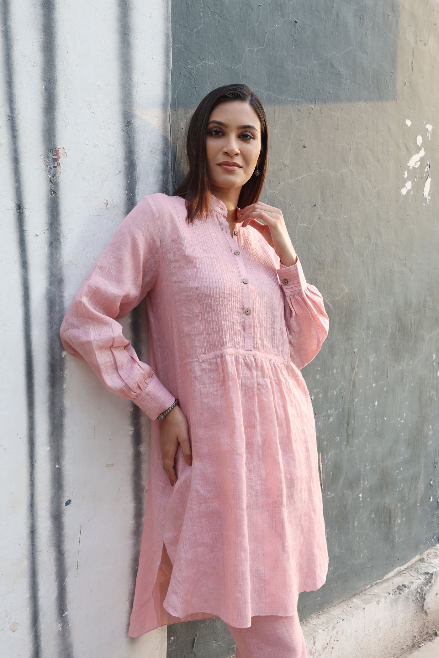 Dusty-Pink Pure Linen (With Metallic Checks & Stripes) Band-Collared With Pintucked Yoke Kurta-Pants Set