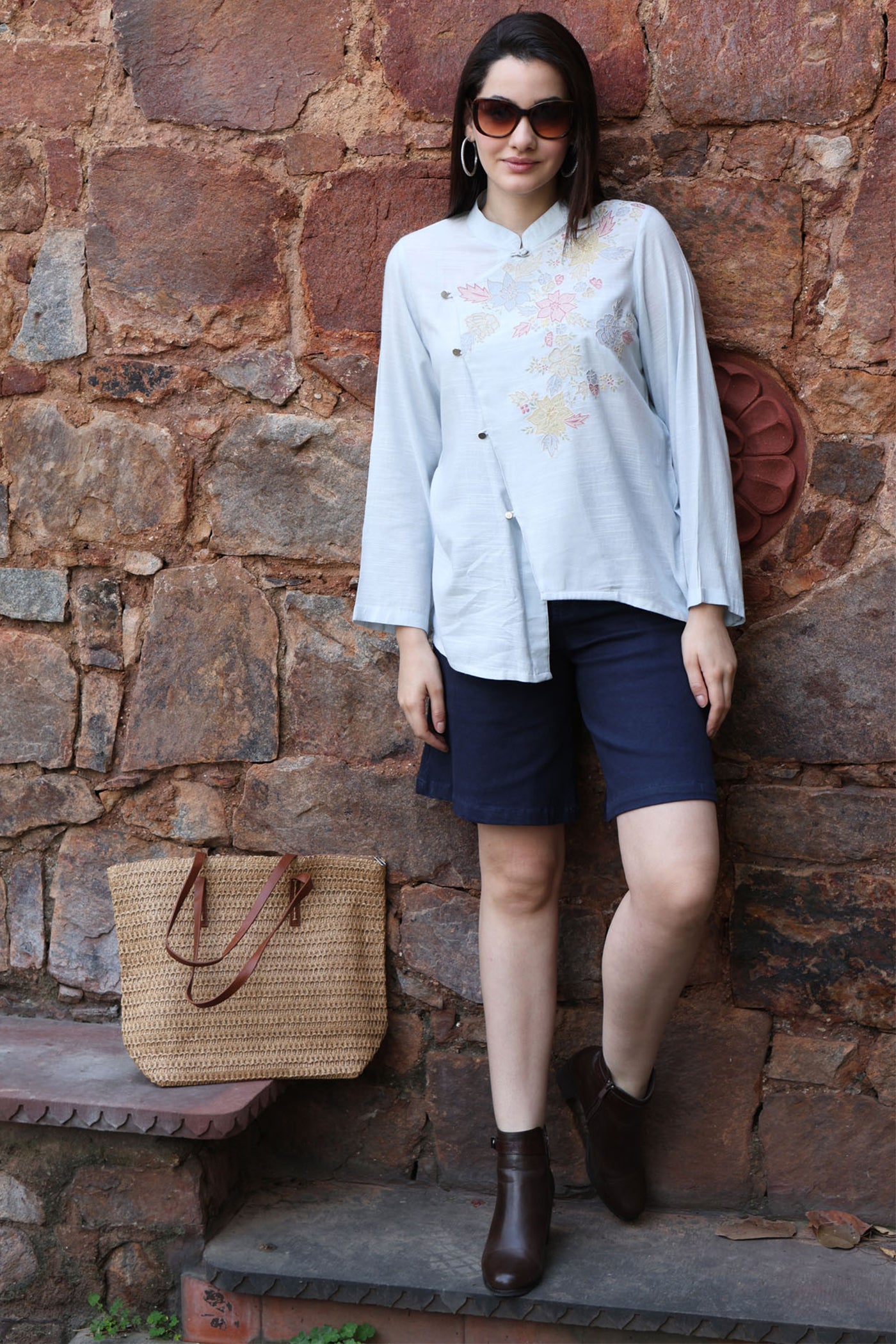 Pastel-Blue Embroidered (Applique & Cutwork) Pure Cotton Band-Collared Short-Blouse With An Asymmetrical Front Opening