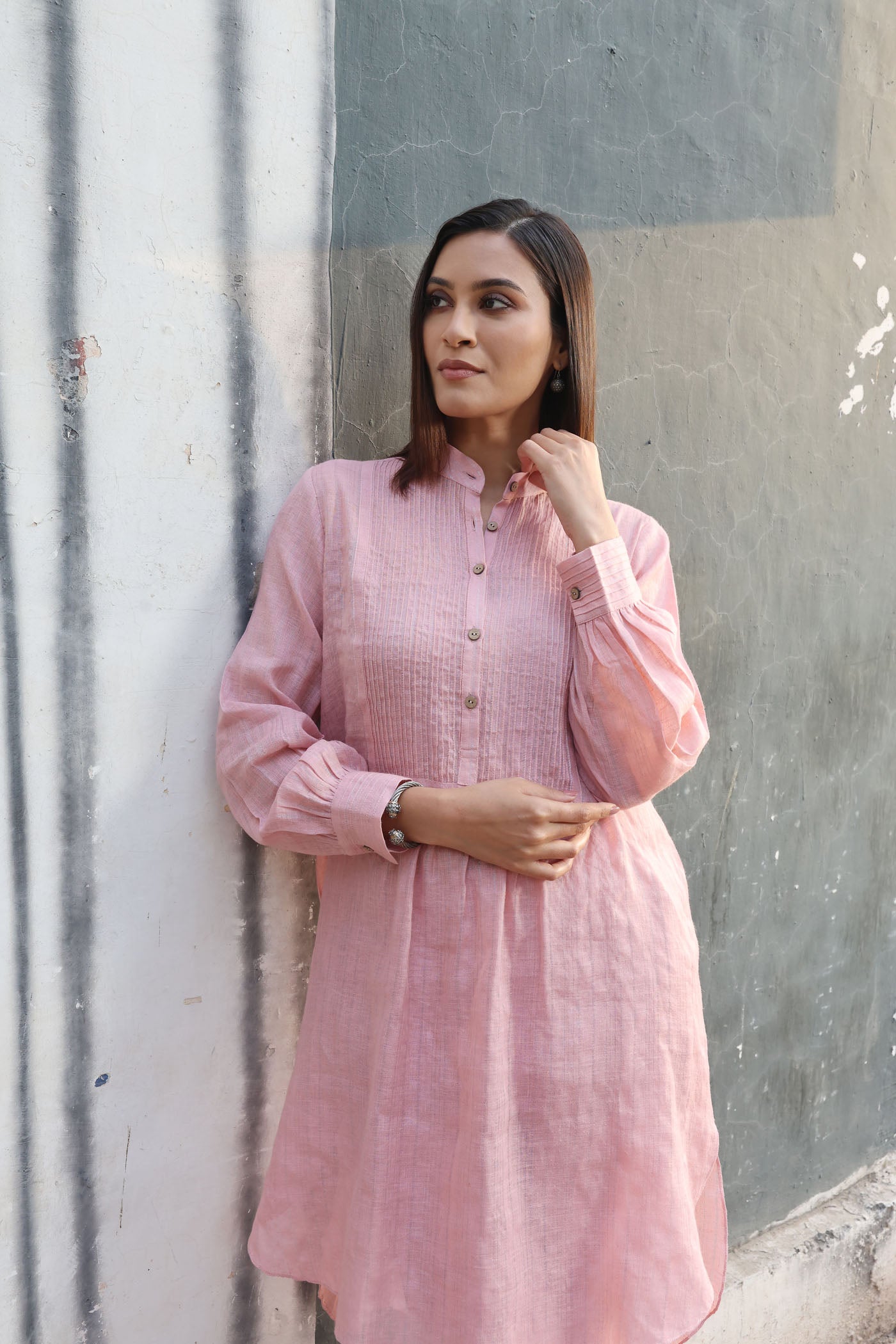 Dusty-Pink Pure Linen (With Metallic Checks & Stripes) Band-Collared With Pintucked Yoke Kurta-Pants Set