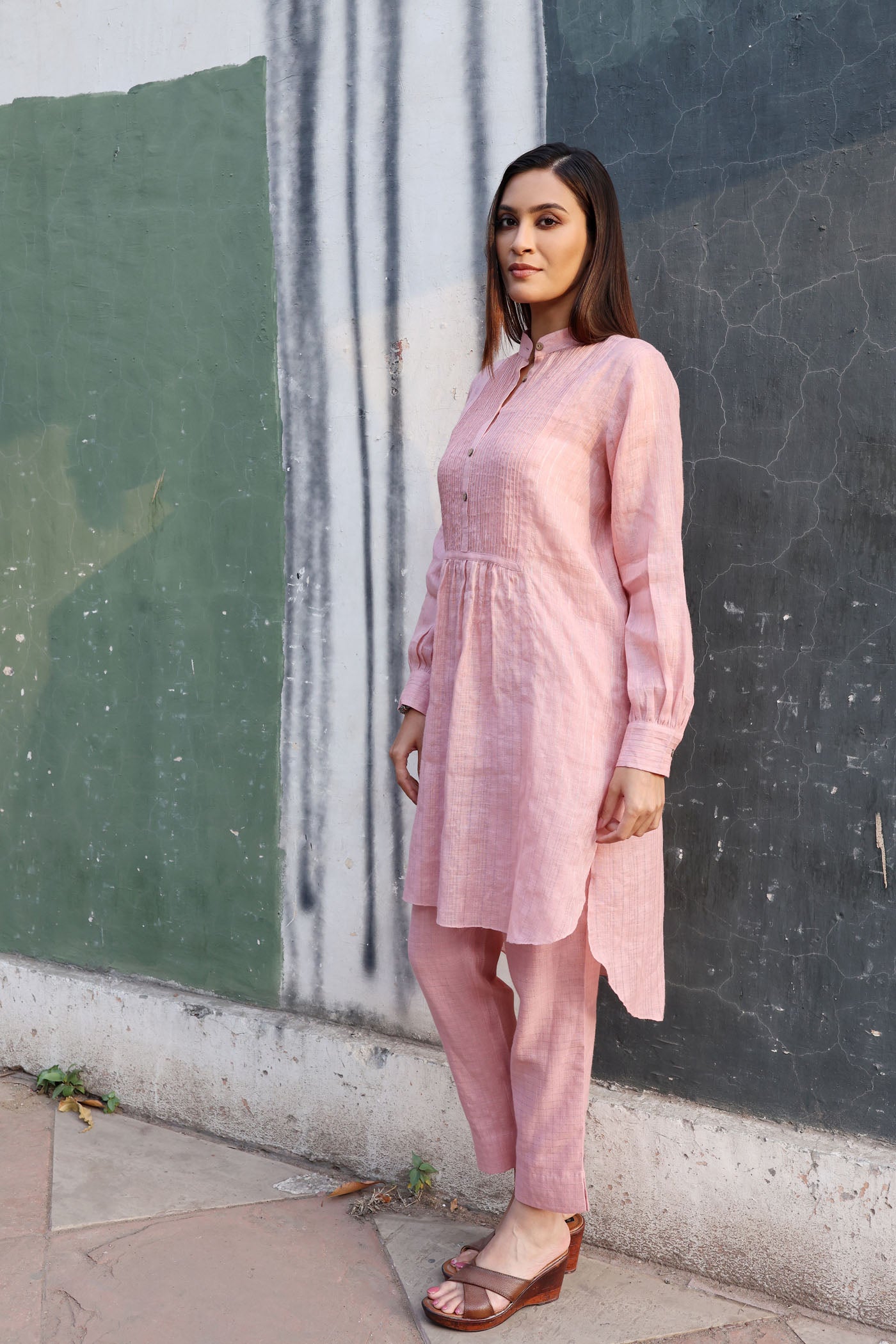 Dusty-Pink Pure Linen (With Metallic Checks & Stripes) Band-Collared With Pintucked Yoke Kurta-Pants Set