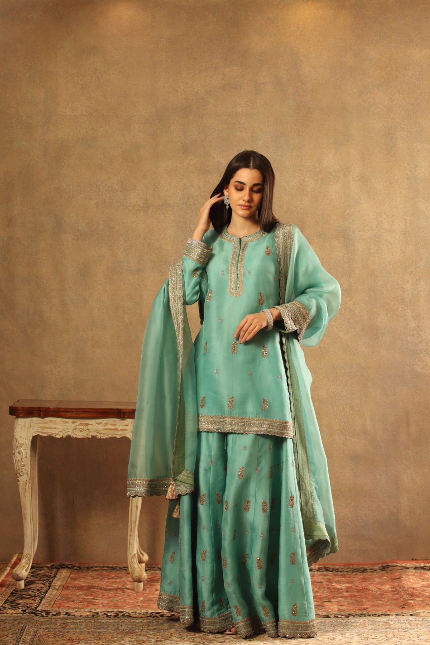 Hand Embroidered Pool Blue Pure Silk Organza Short Kurta Sharara Set