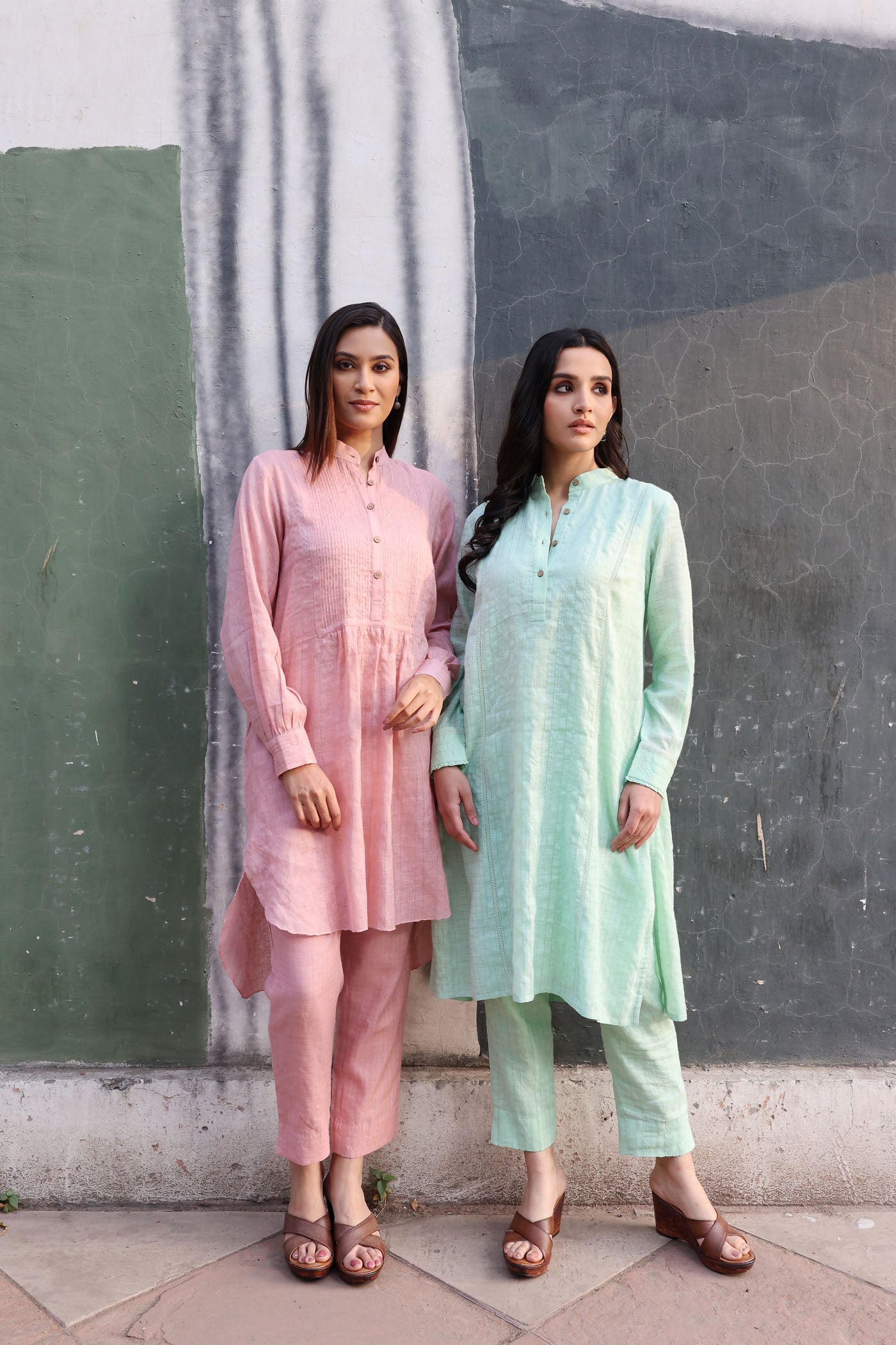 Dusty-Pink Pure Linen (With Metallic Checks & Stripes) Band-Collared With Pintucked Yoke Kurta-Pants Set